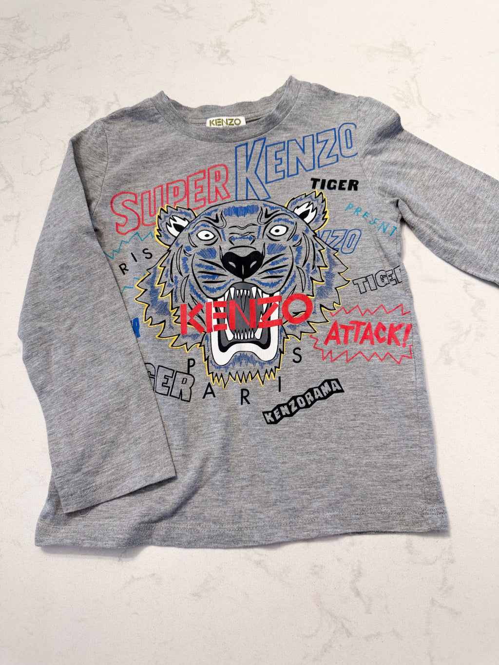Kenzo-4T- GUC- long sleeve grey shirt with tiger and Kenzo graphics