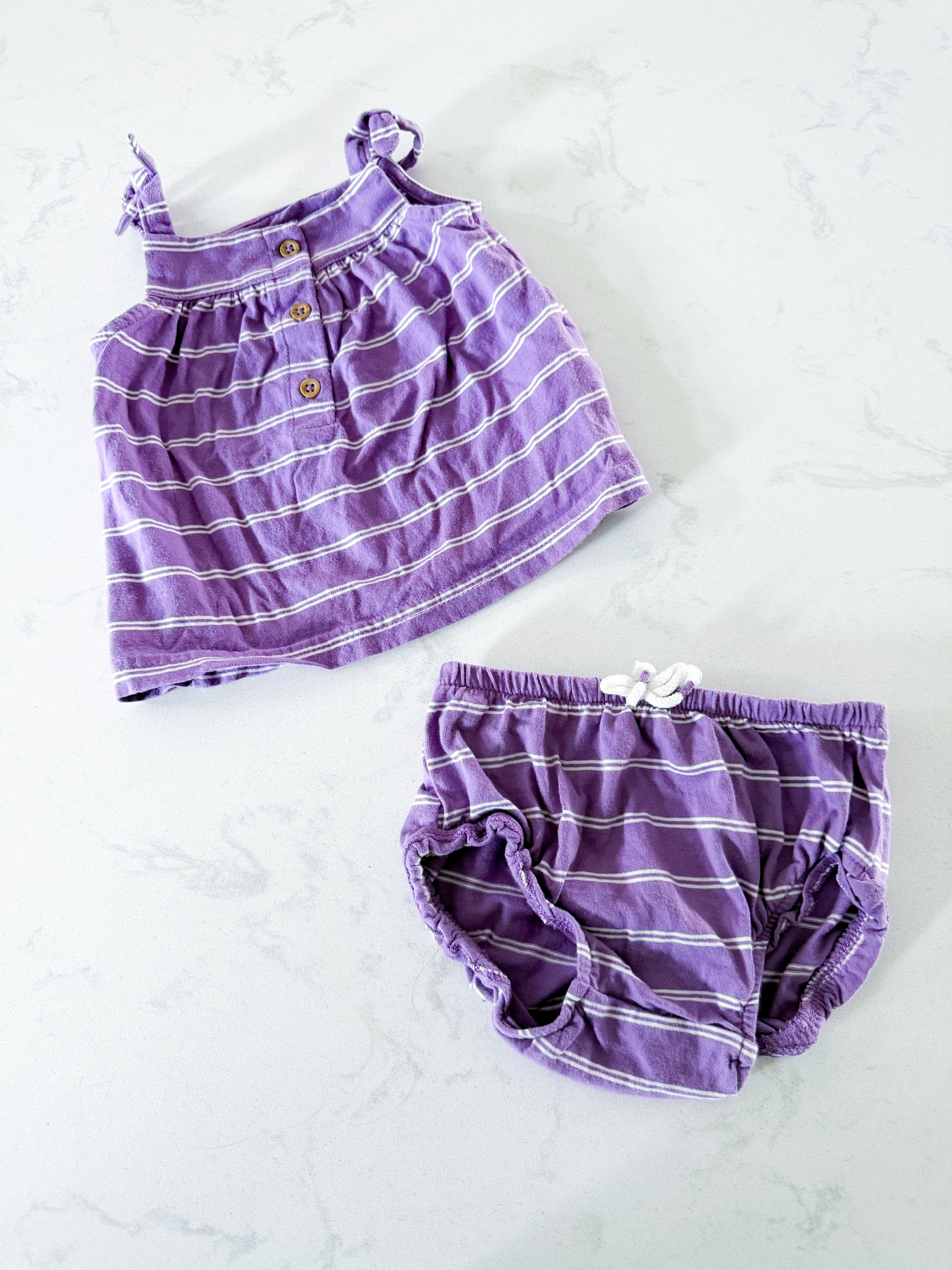 Carters- 12m- VGUC- purple two piece striped set with tank and bummies