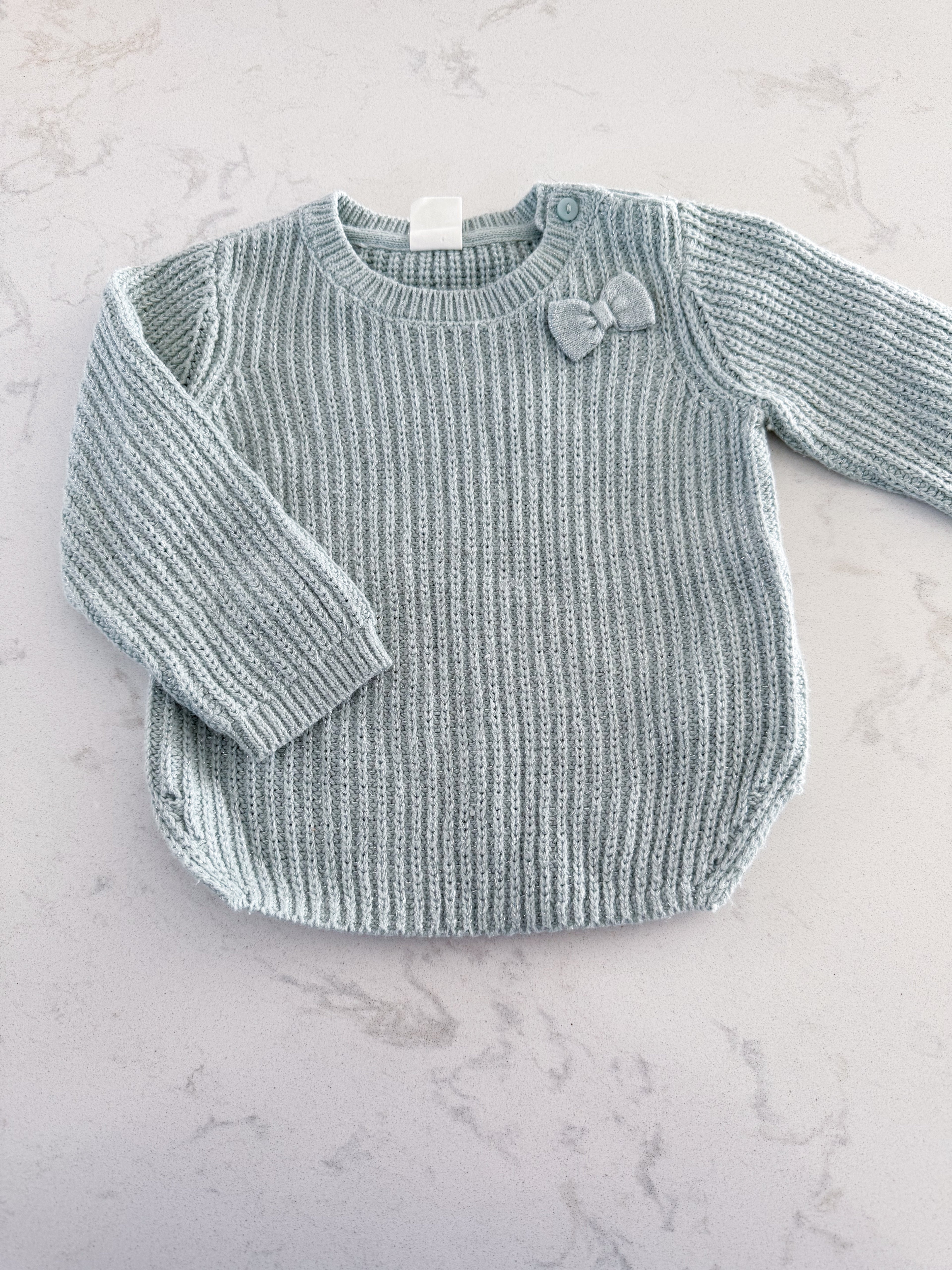 H&M- 6-12m- PLAY- ice blue sparkly knit sweater with bow