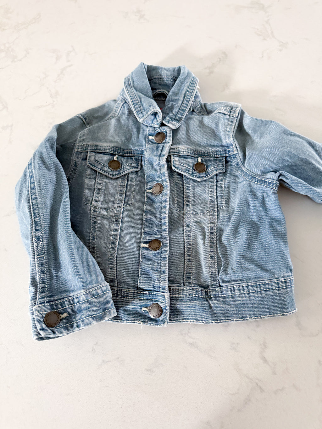 Joe Fresh- 18-24m- VGUC- light blue Jean jacket with lace heart on back