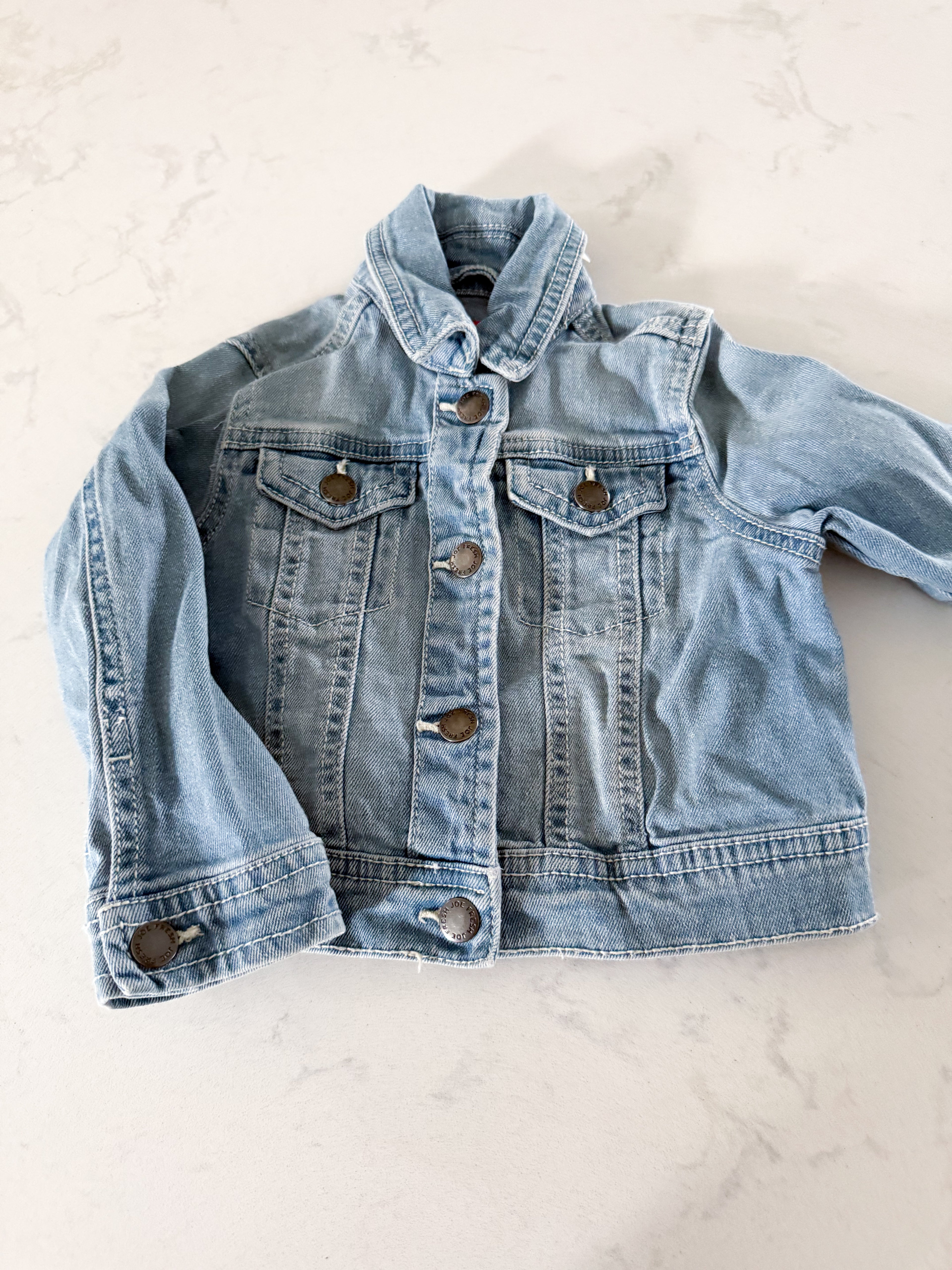 Joe Fresh- 18-24m- VGUC- light blue Jean jacket with lace heart on back