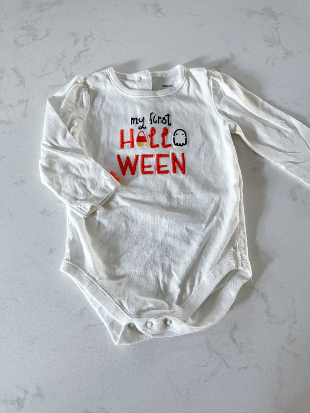 Gymboree- 3-6m-PLAY- white long sleeve bodysuit with “my first Halloween” embroidered