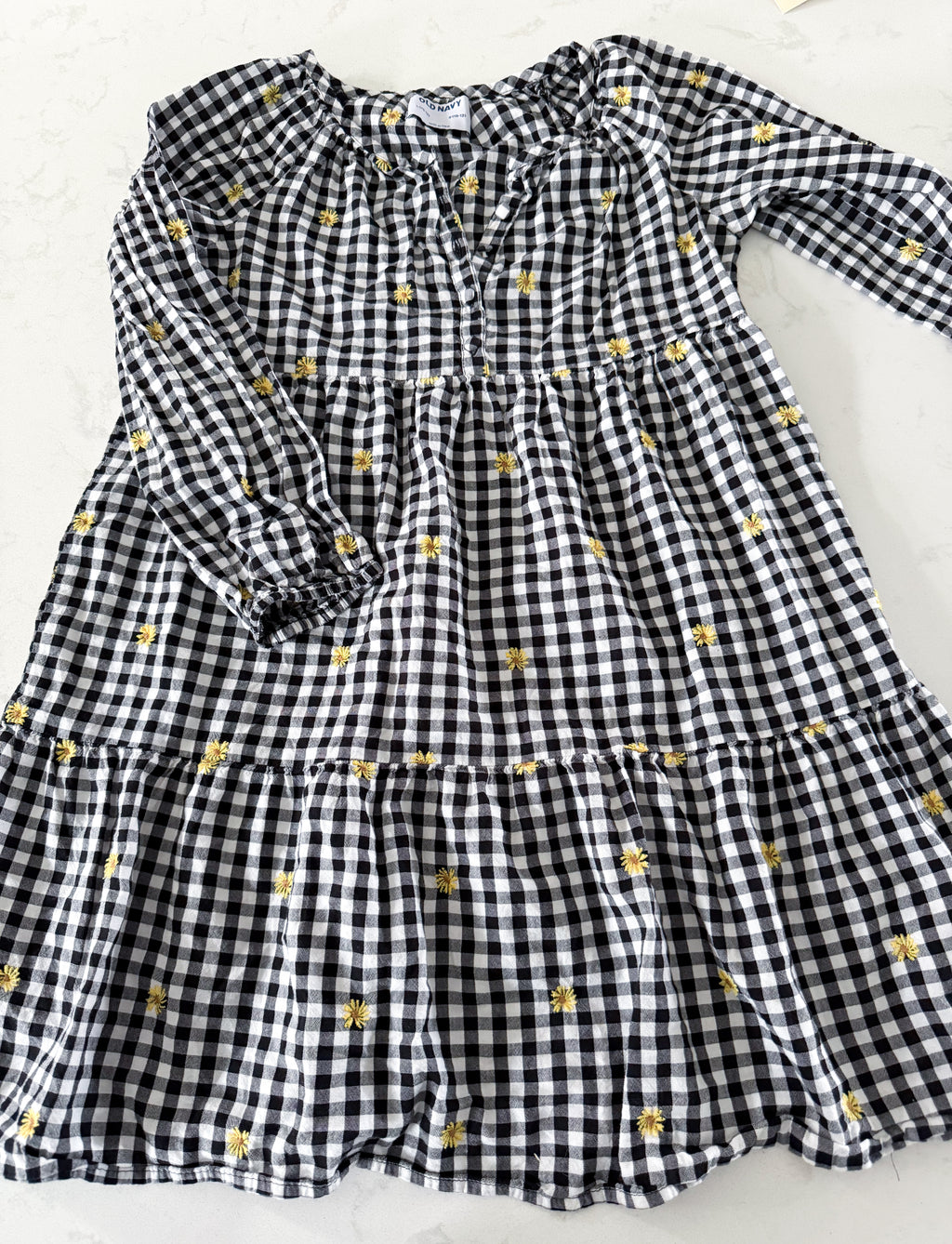 Old Navy- 10-12Y- VGUC- black and white checkered linen dress with embroidered sunflowers