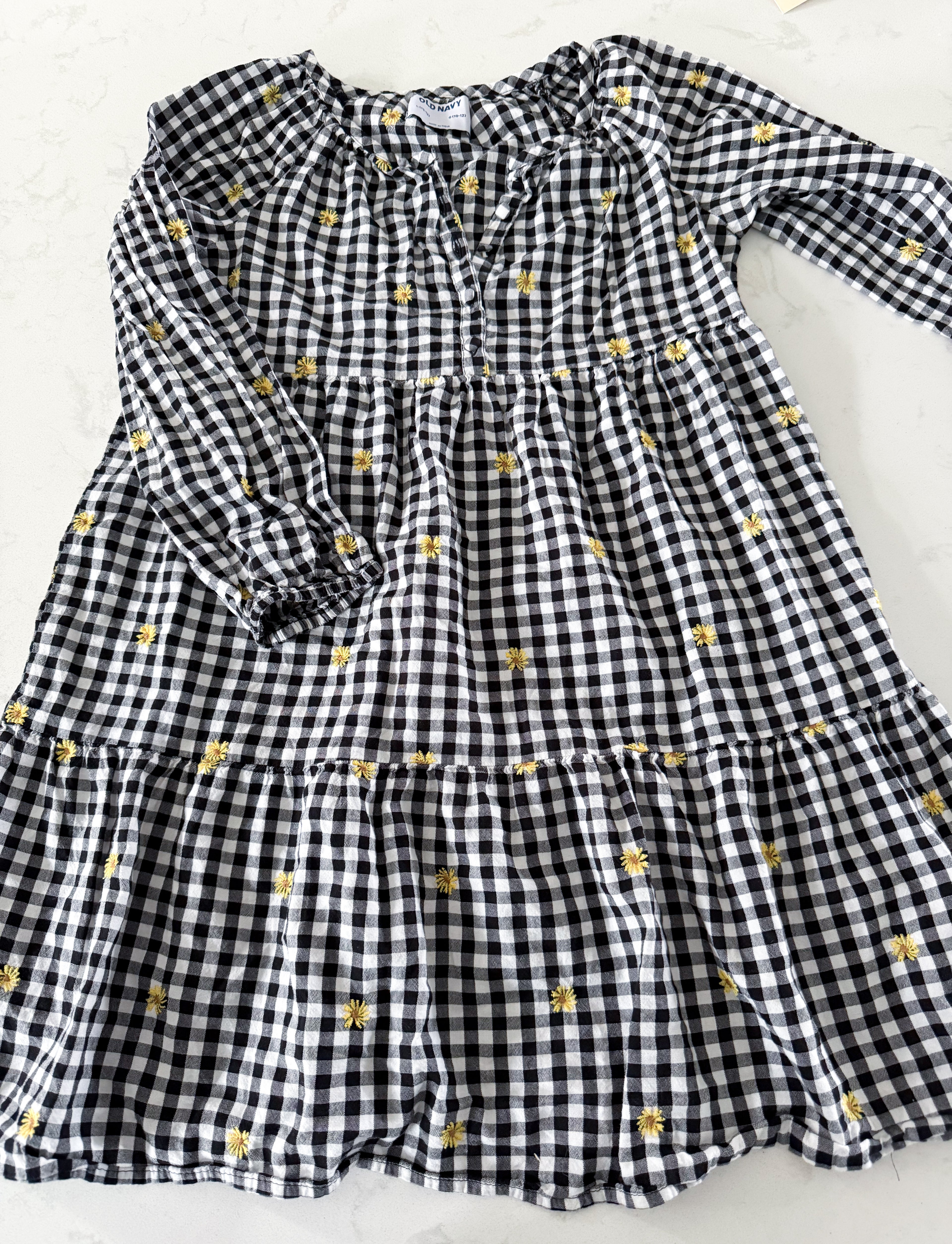 Old Navy- 10-12Y- VGUC- black and white checkered linen dress with embroidered sunflowers