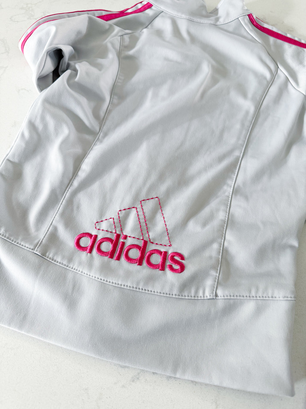 Adidas- fits 7/8Y- PLAY- light grey pink accented two piece track suit