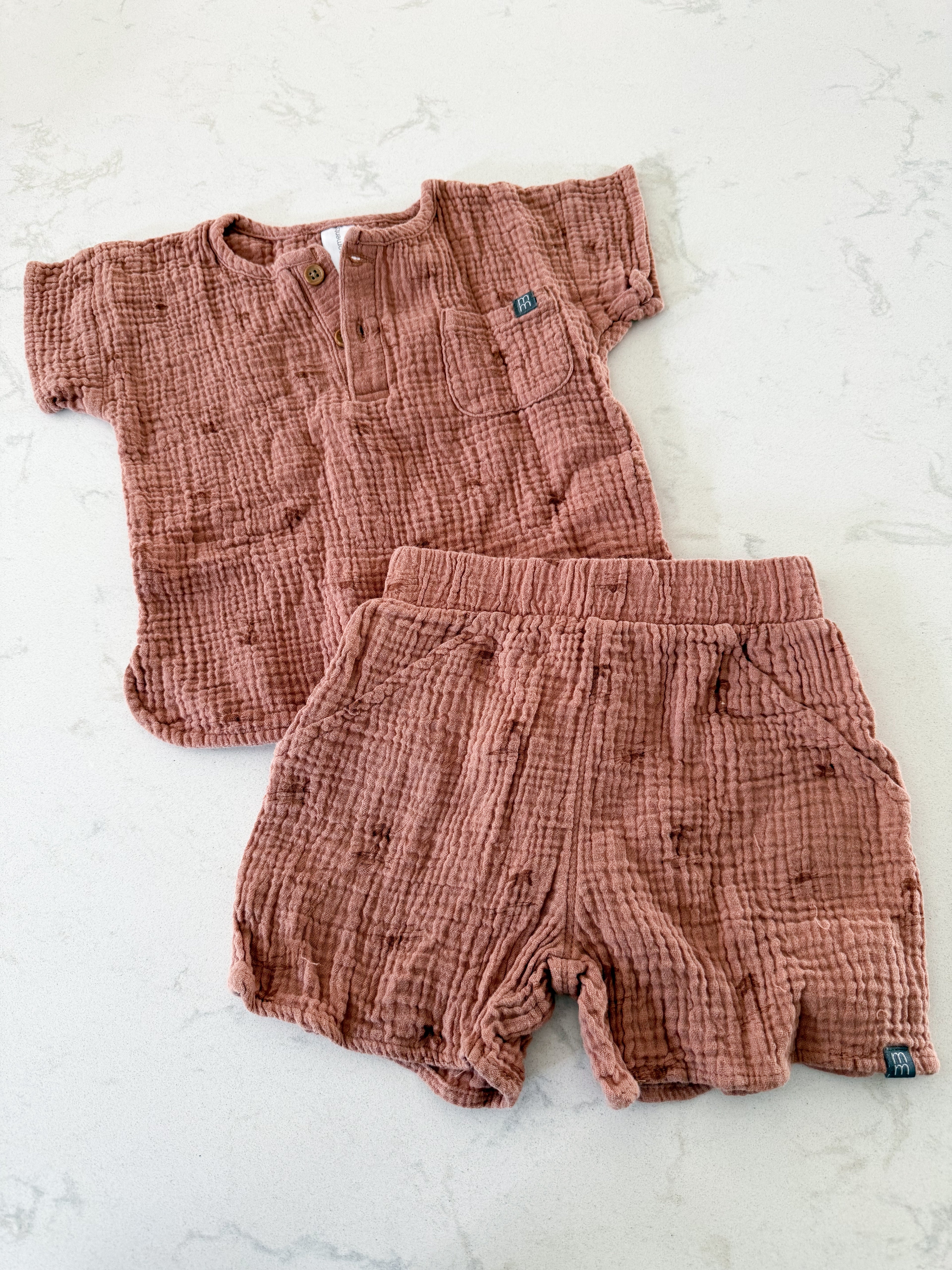 Modern Moments- 18m- GUC- brown muslin two piece set with sun pattern