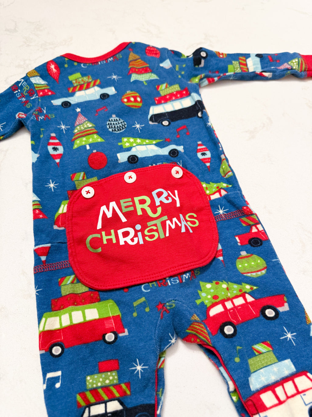 Little Blue House- 6-12m- GUC- blue button up footless pajamas with Christmas pattern