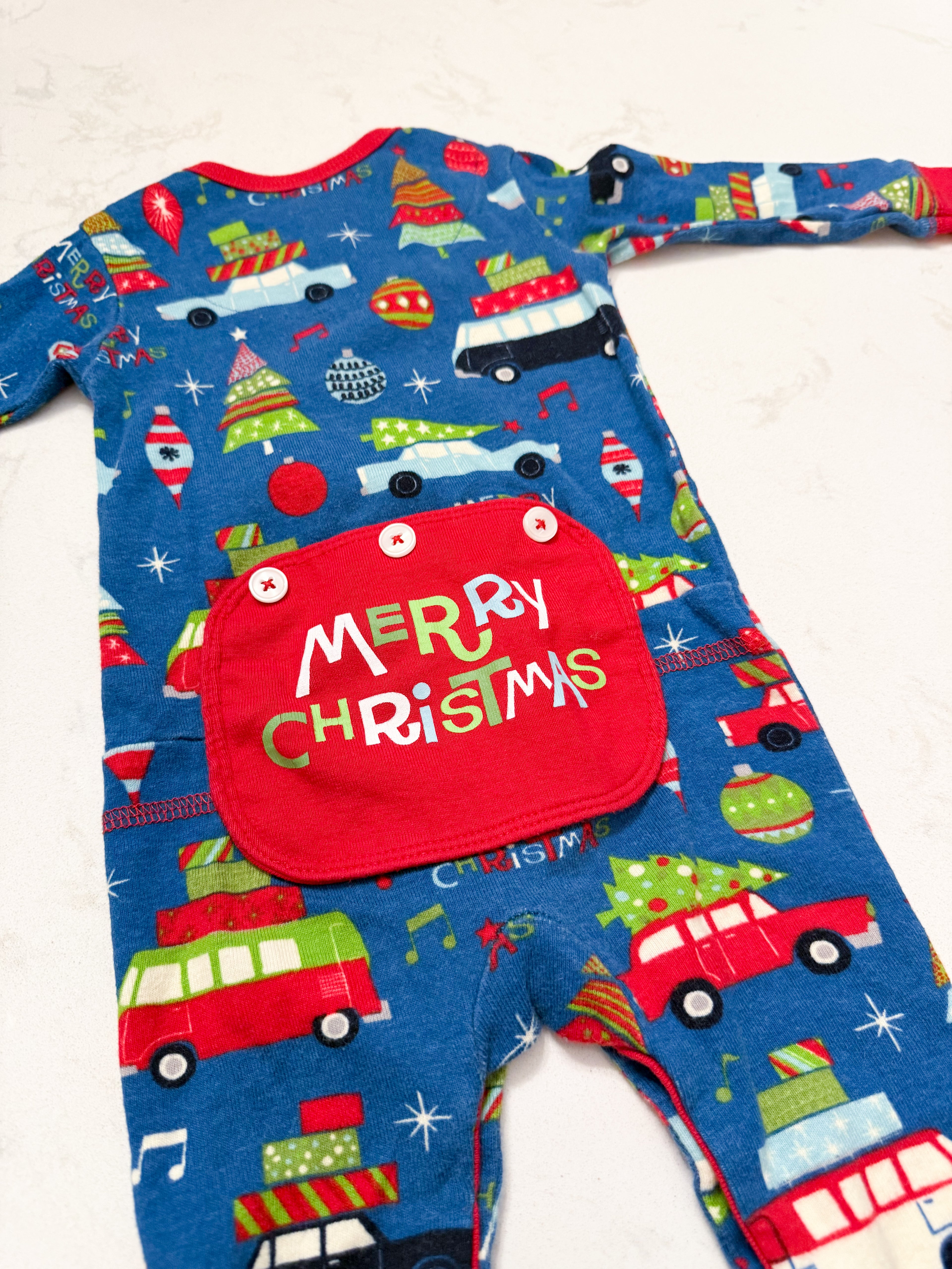 Little Blue House- 6-12m- GUC- blue button up footless pajamas with Christmas pattern