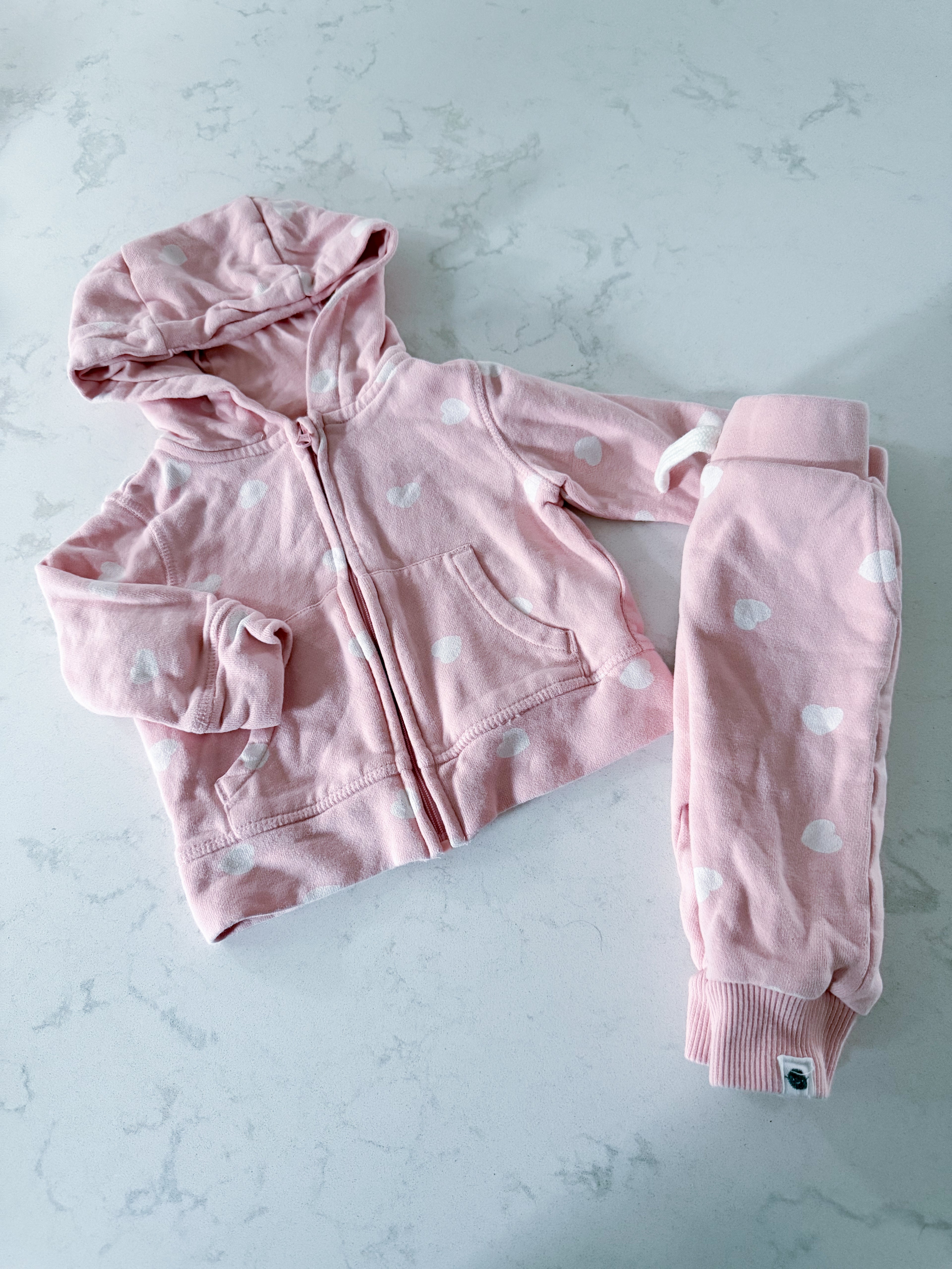 Rise Little Earthling- 3-6m- GUC- pink with white hearts sweat set zip up