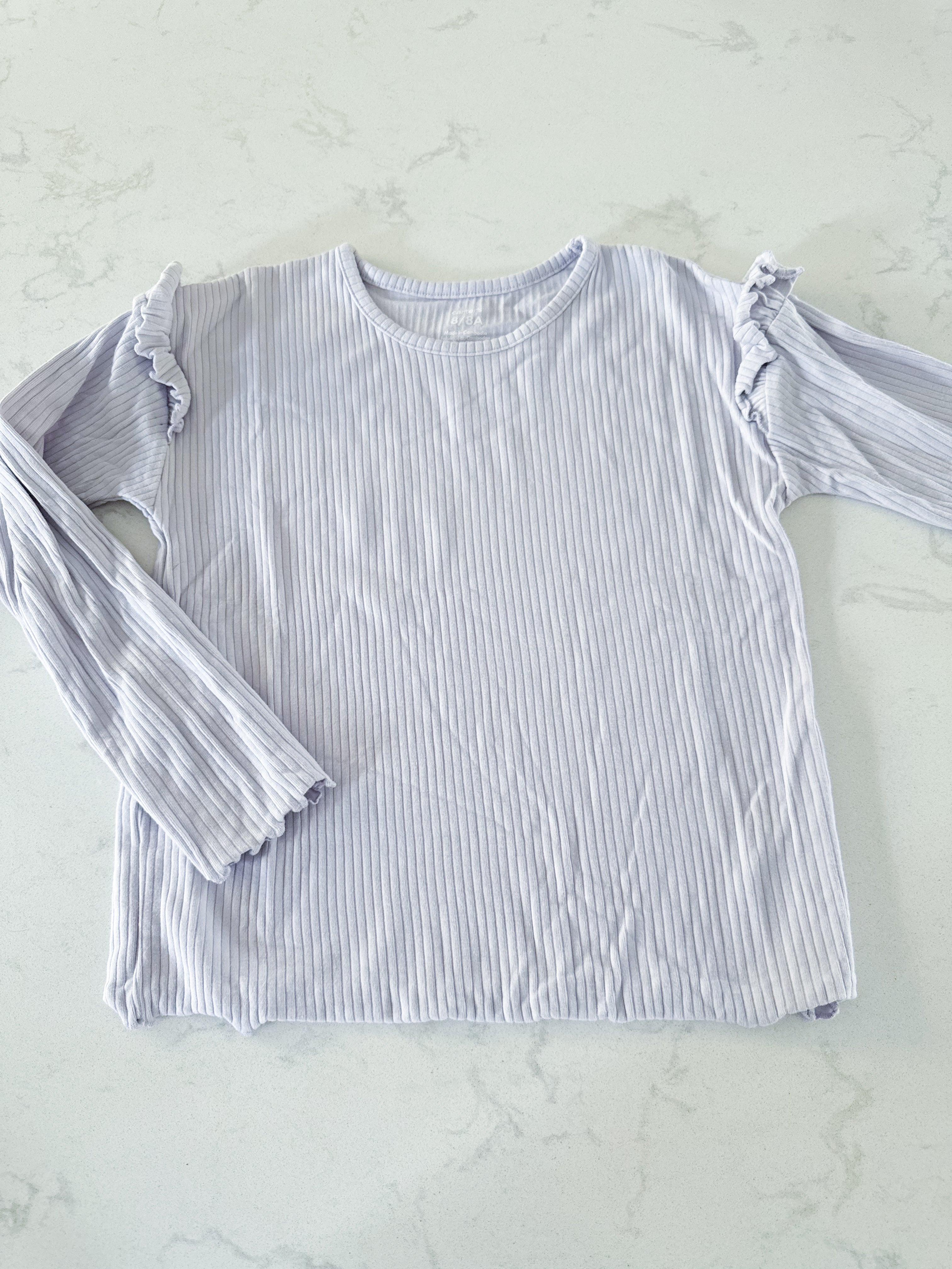 Carters- 8Y- VGUC- long sleeve light purple ribbed ruffle shirt