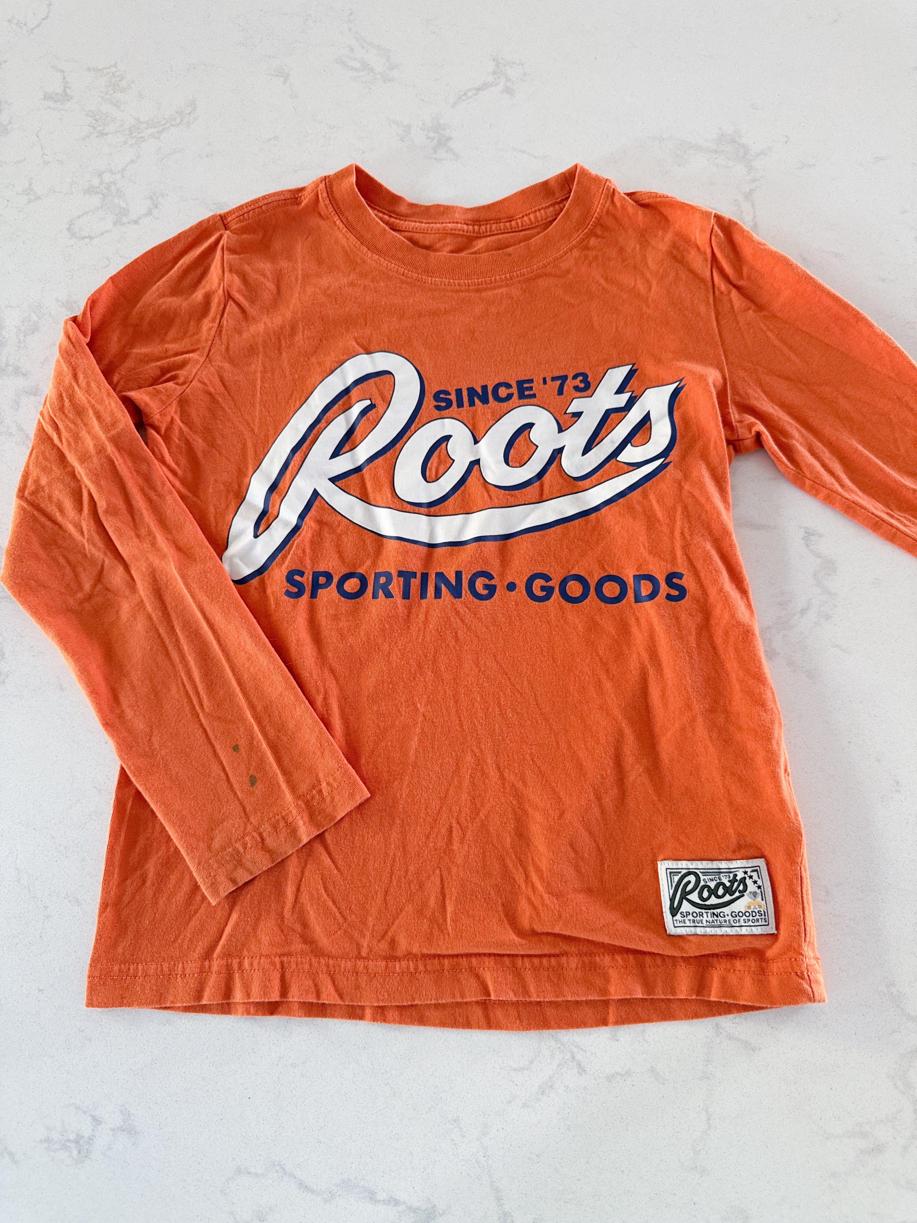 Roots- 5-6Y- PLAY- long sleeve orange shirt white writing