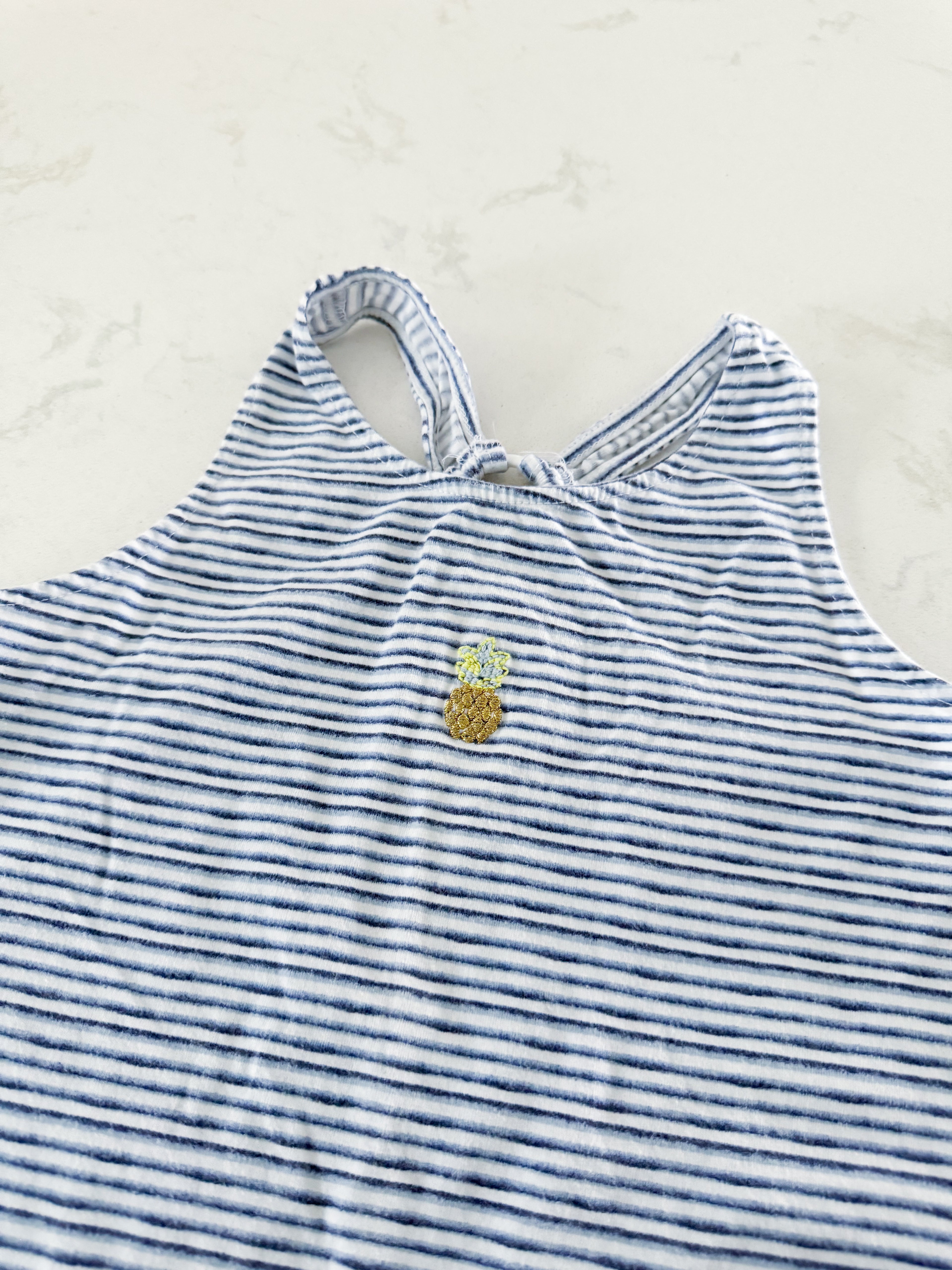 Carters- 10Y- VGUC- blue and white striped tank romper with embroidered pineapple