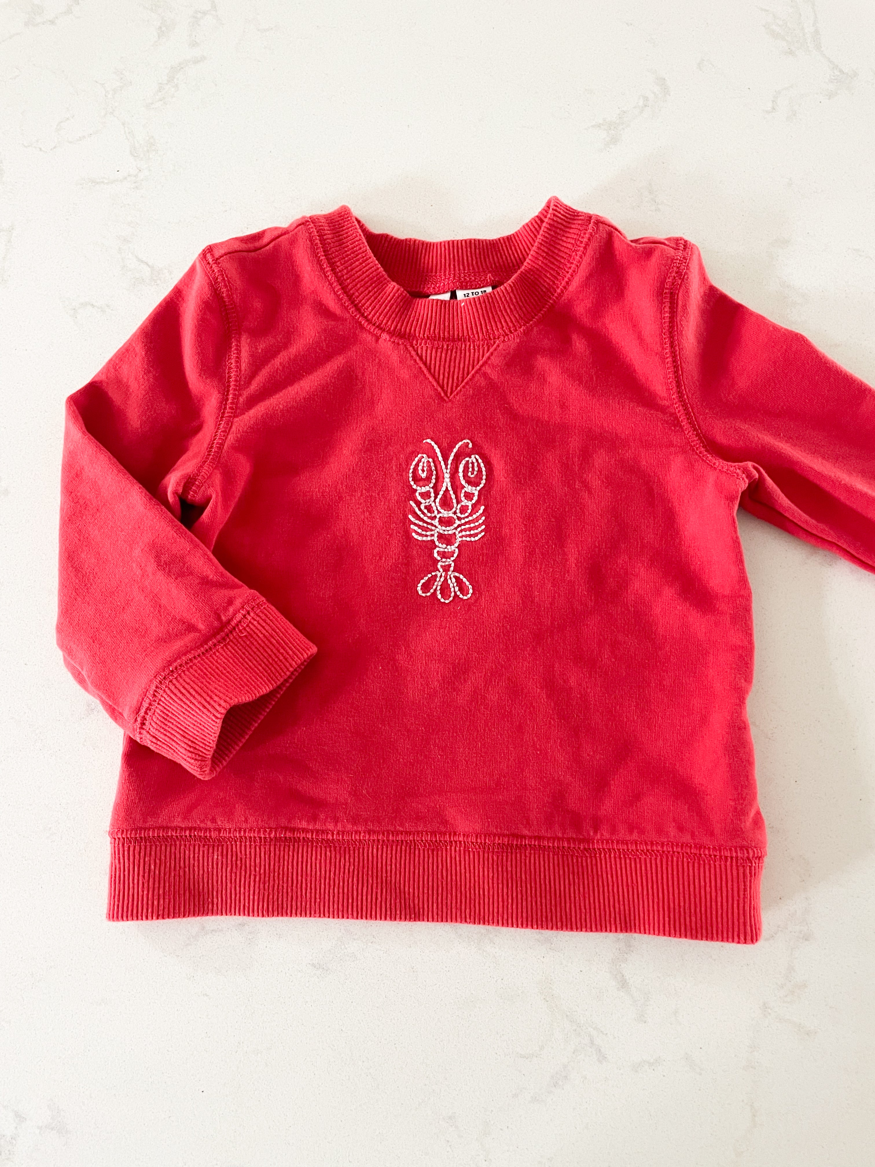 Janie and Jack-12-18m-VGUC-red crewneck sweater with white embroidered lobster