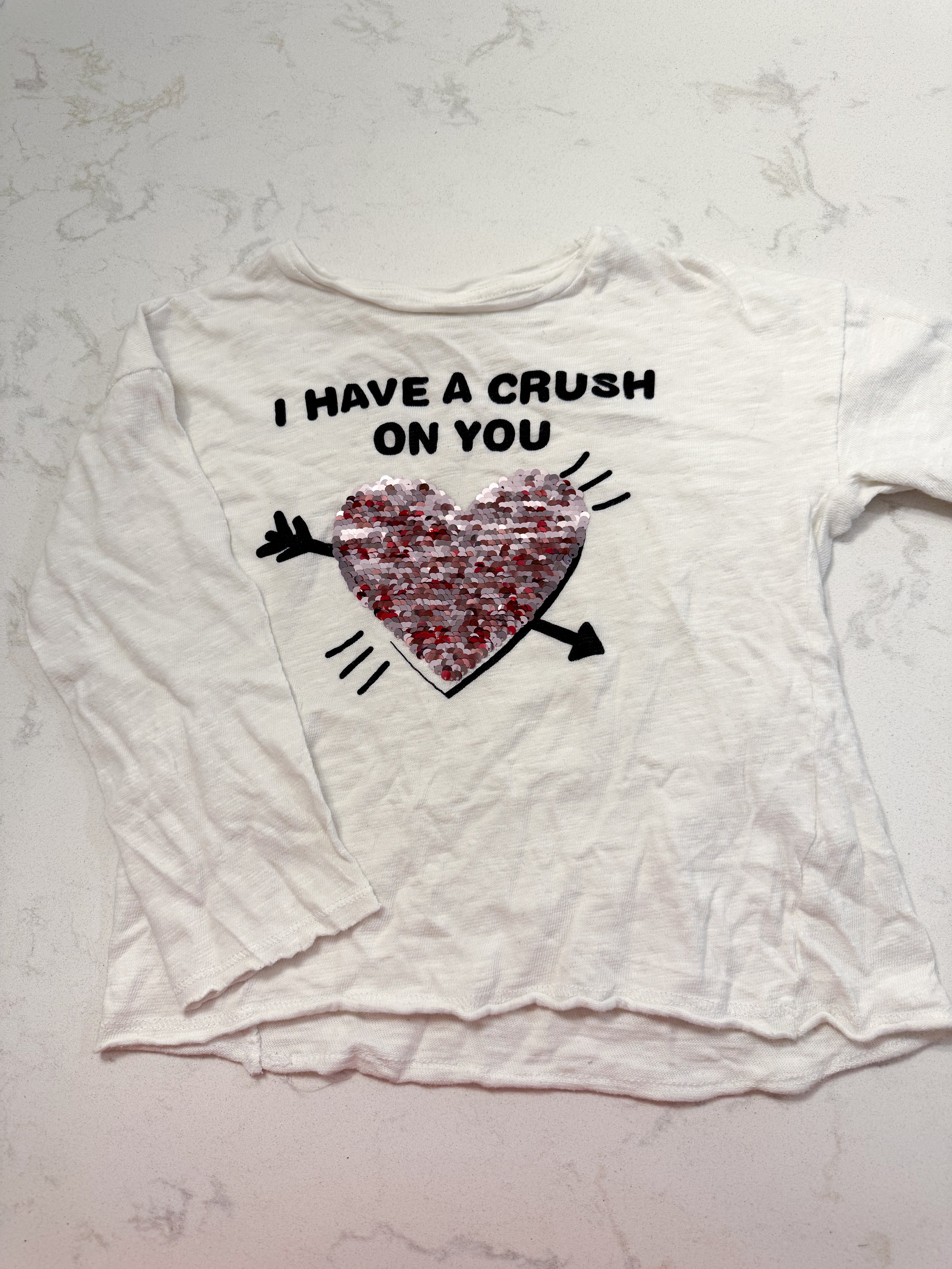 Zara- 7Y- GUC- long sleeve white shirt with sequin heart