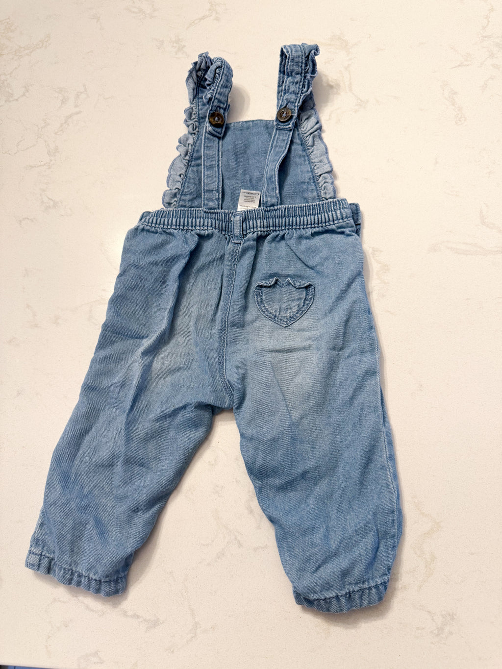 George- 6-12m- PLAY- thin Jean ruffle overalls with heart