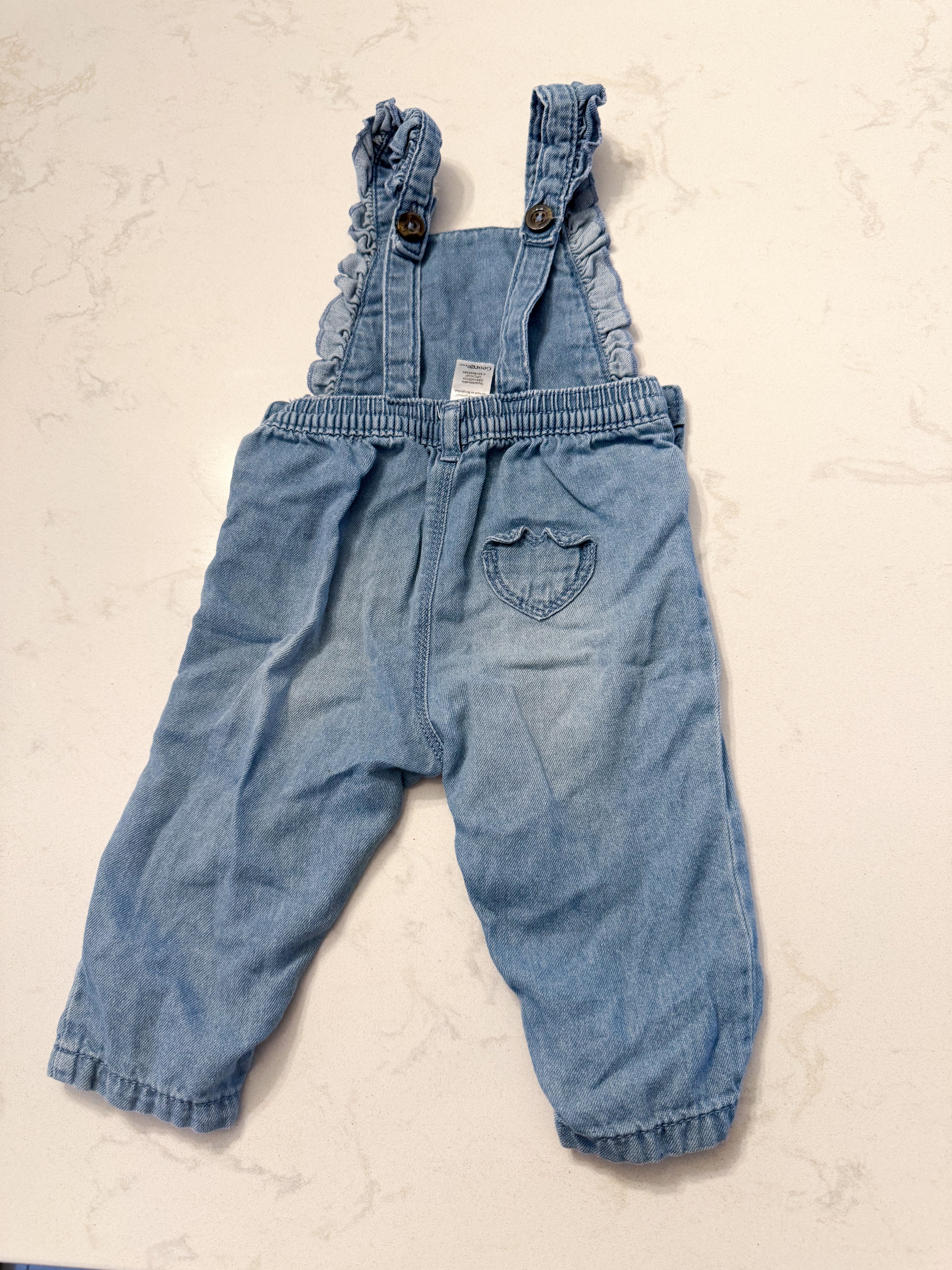 George- 6-12m- PLAY- thin Jean ruffle overalls with heart