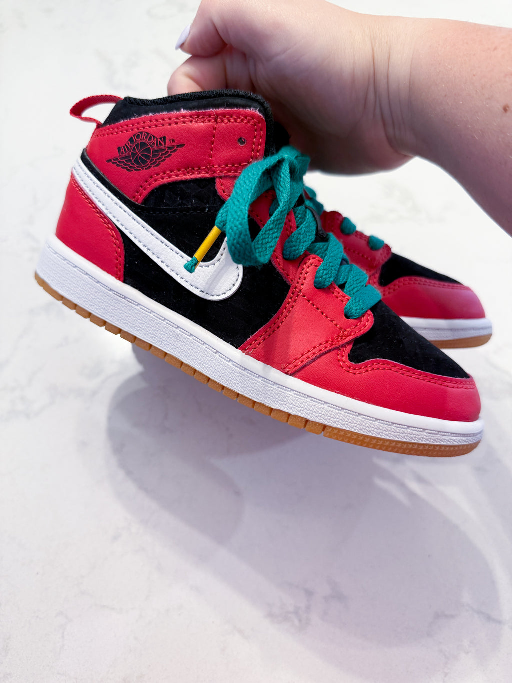Nike (Air Jordan)- 13C- VGUC- red black and green high top sneakers