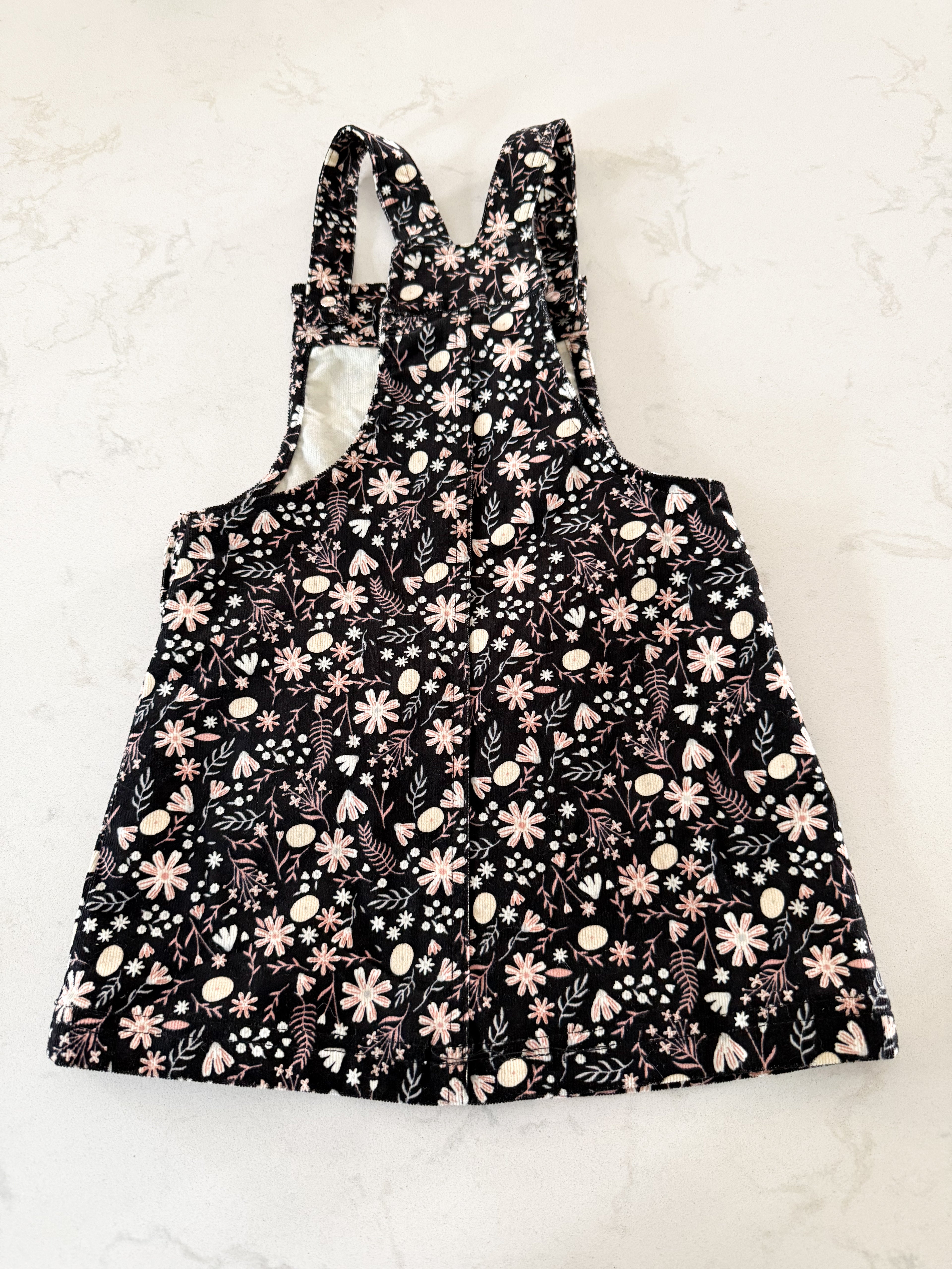 No brand- 2T- VGUC- black corduroy dress overall with floral pattern