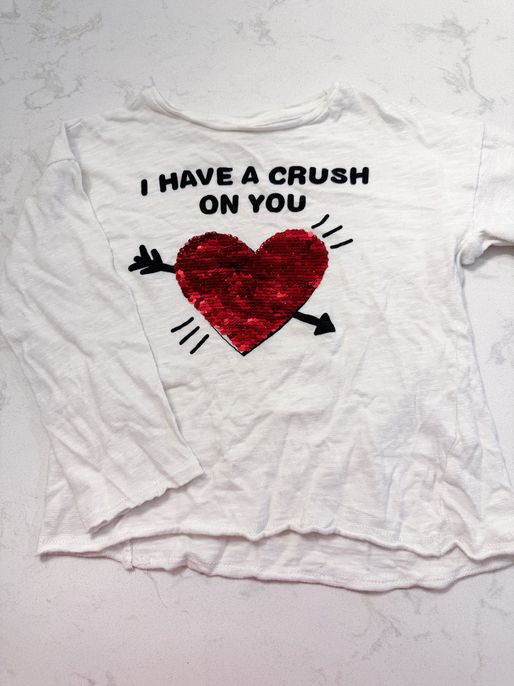 Zara- 7Y- GUC- long sleeve white shirt with sequin heart