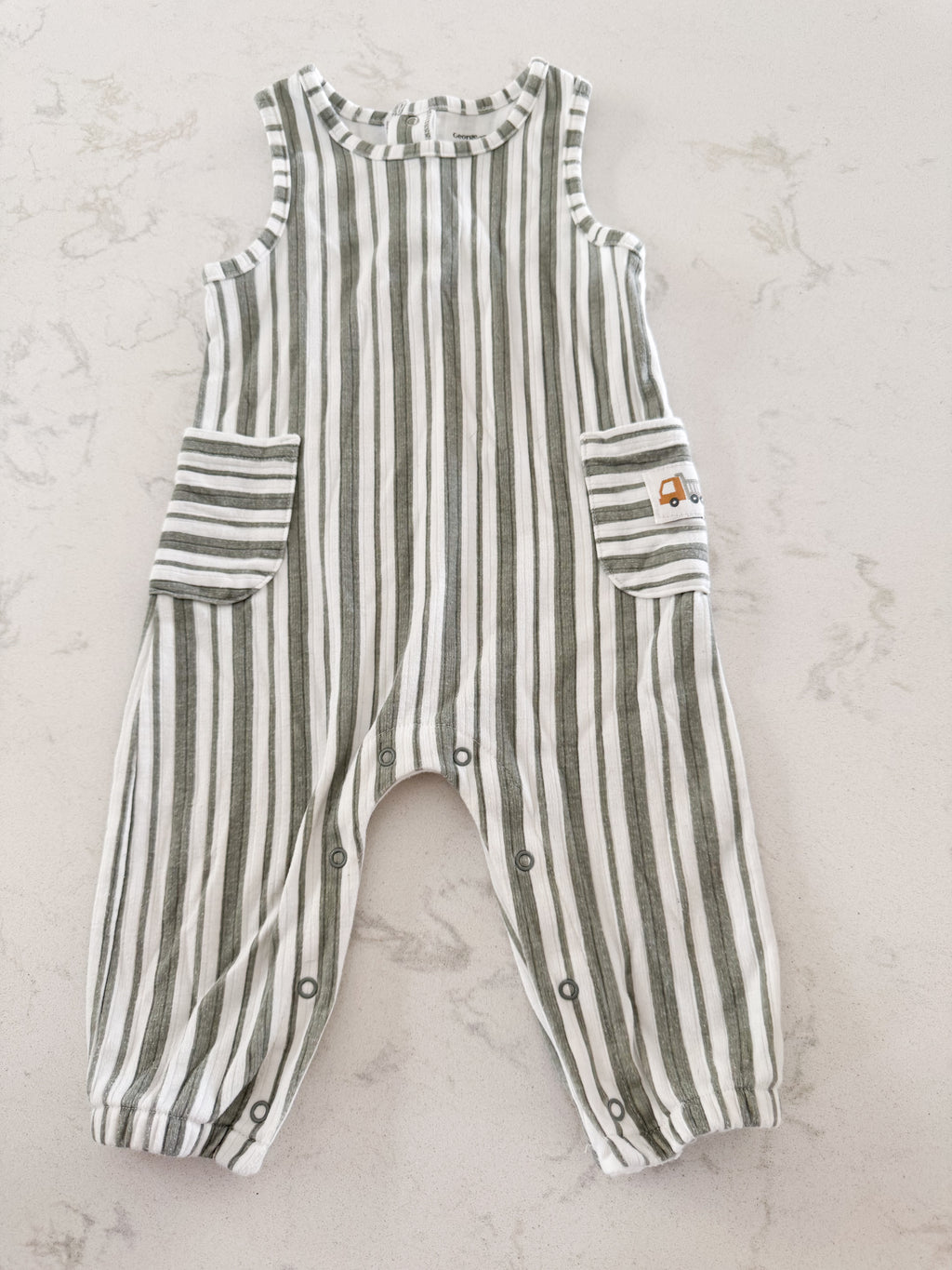 George- 6-12m- GUC- sage green and white striped ribbed tank romper