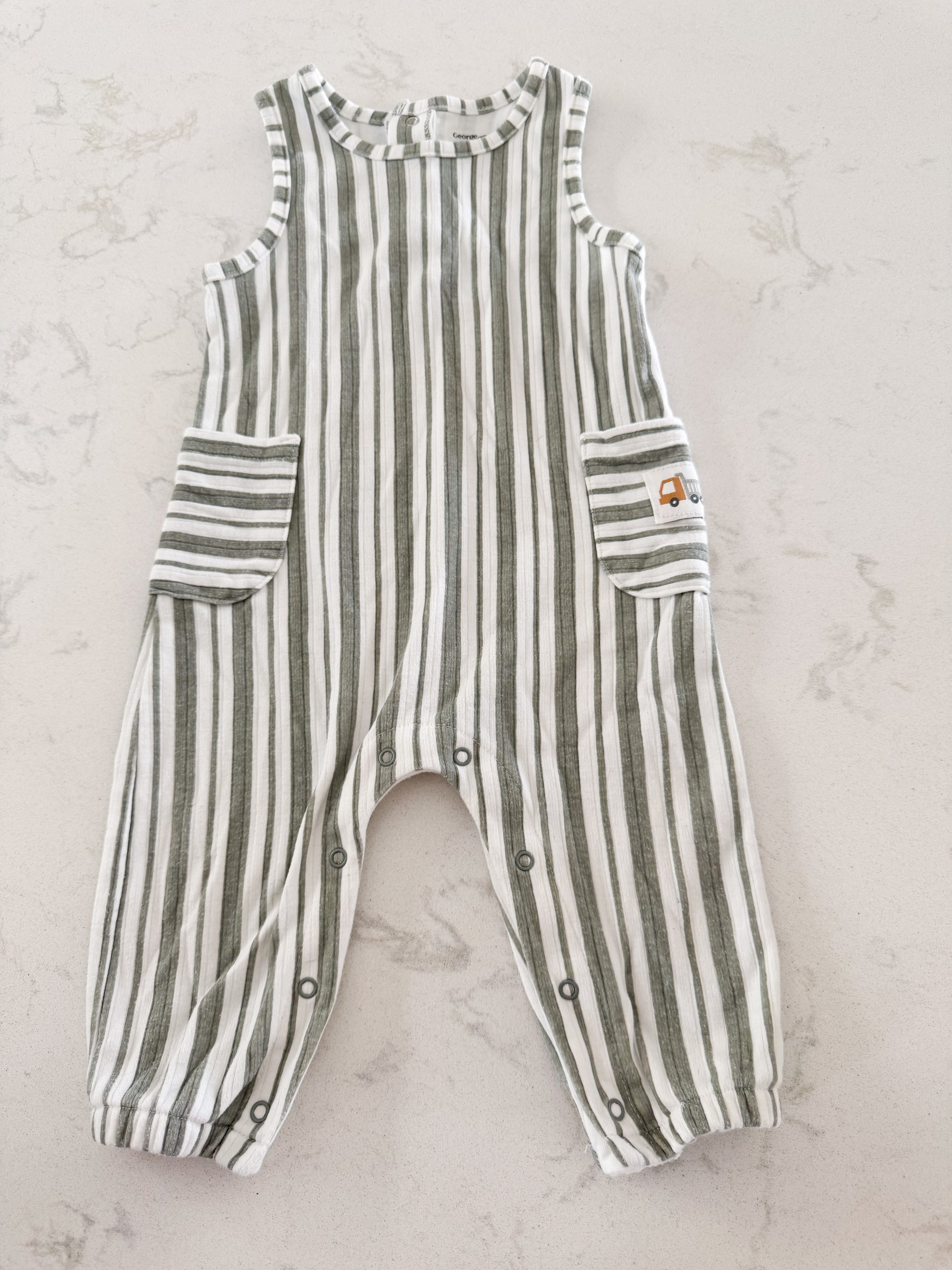 George- 6-12m- GUC- sage green and white striped ribbed tank romper