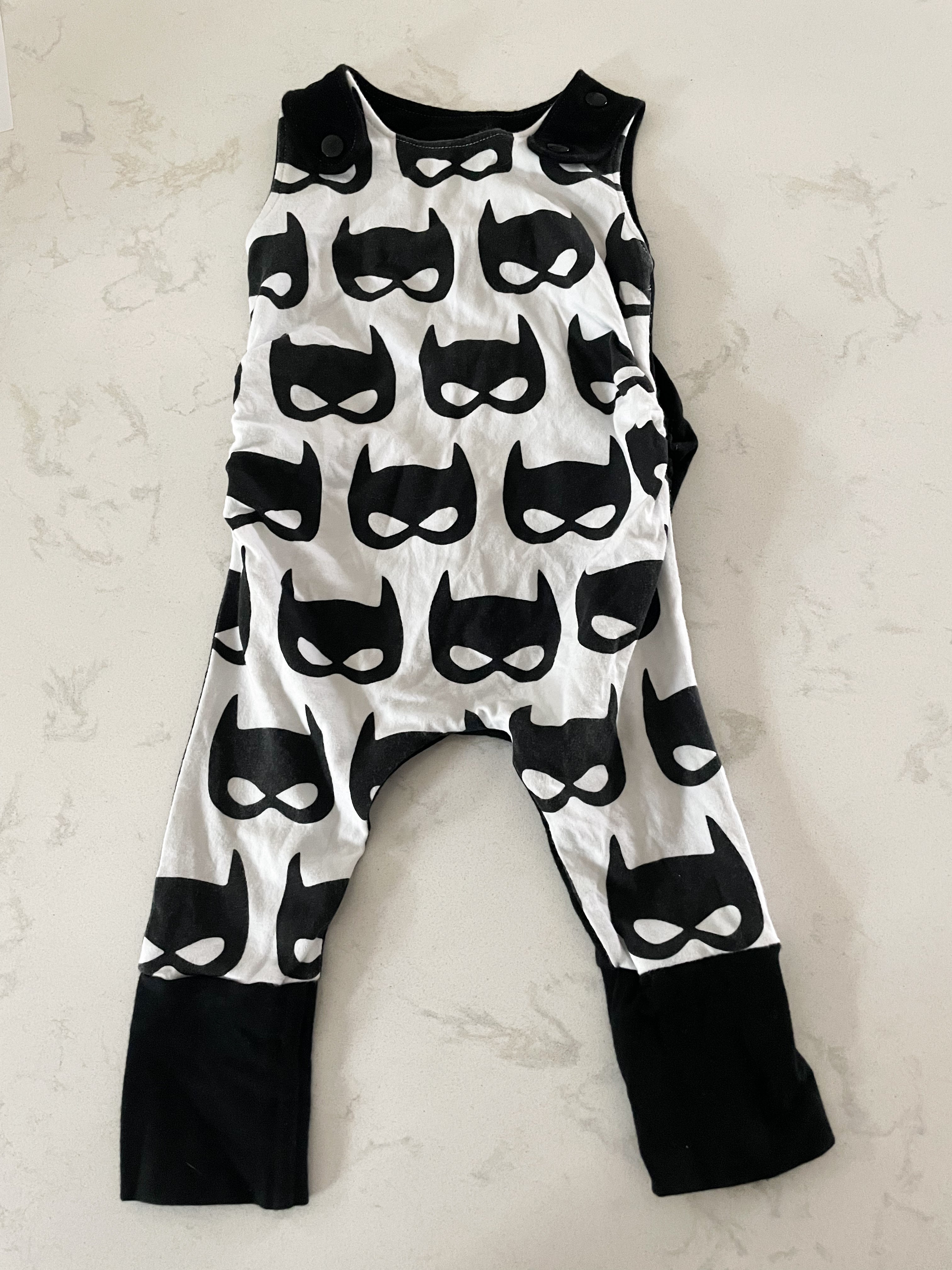 Homemade-6-12m-GUC- black and white Batman slouchy cloth overalls
