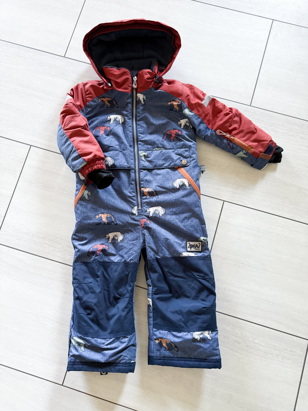 Deux Par Deux- 3T- VGUC- rust brown and blue snow suit with bears