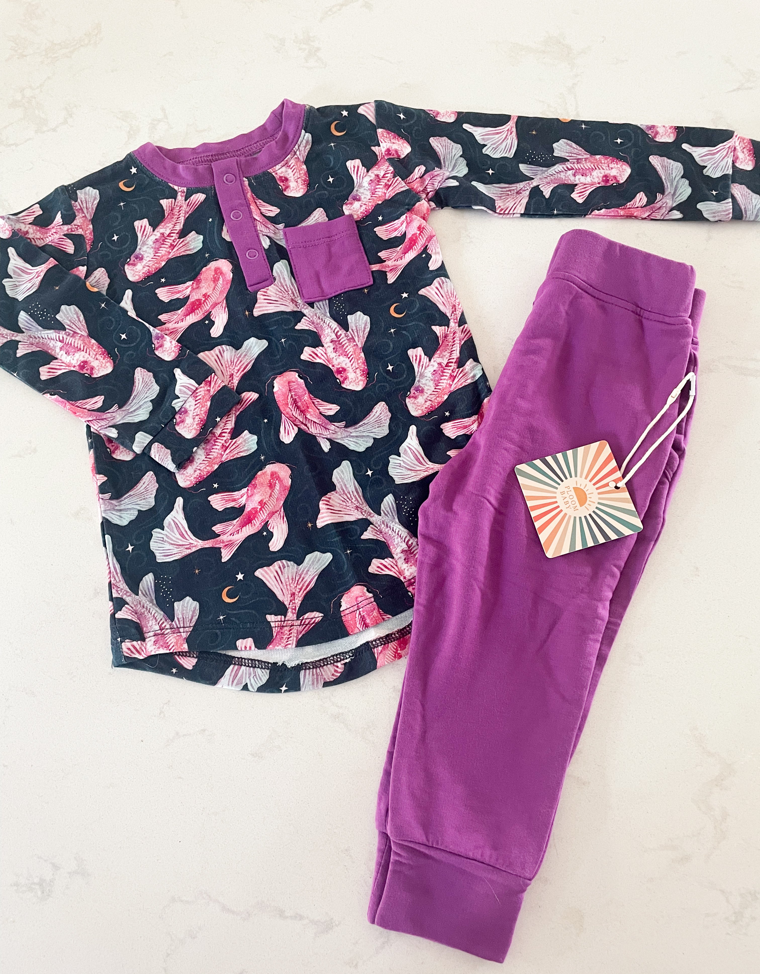 Ploom Baby- 12-18 months- bamboo two piece purple set with fish