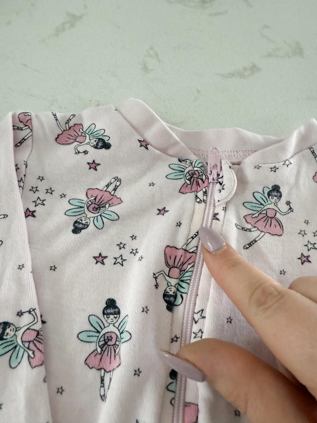 George- 18-24m- PLAY- light pink footie jammies with dancing fairies