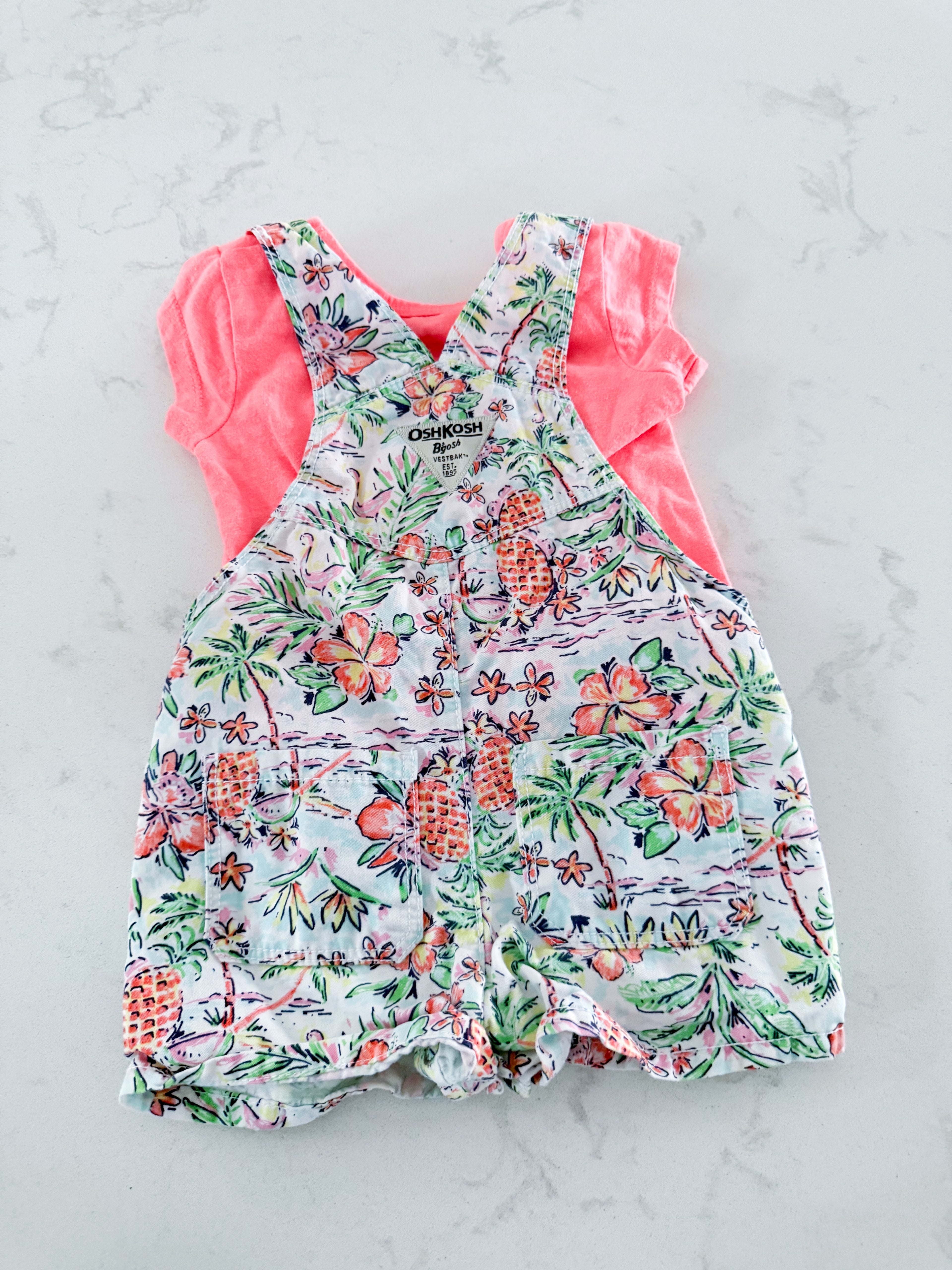 Oshkosh- 6m- VGUC- tropical short overalls with neon pink t shirt