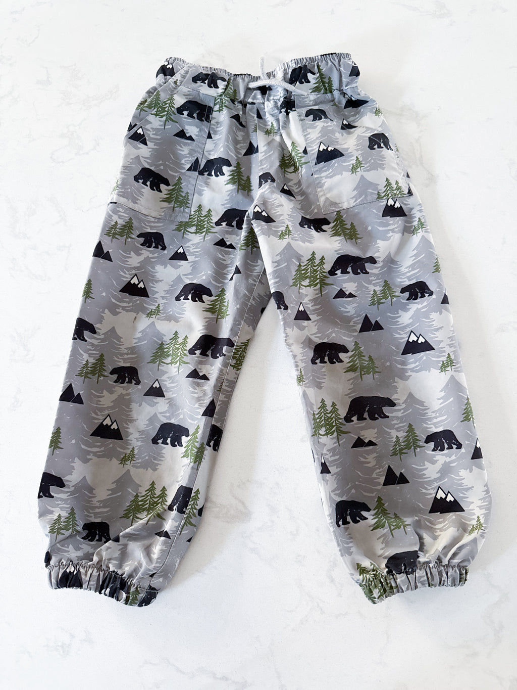 Jan and Jul- 3T- PLAY- grey splash pants with mountains and bears