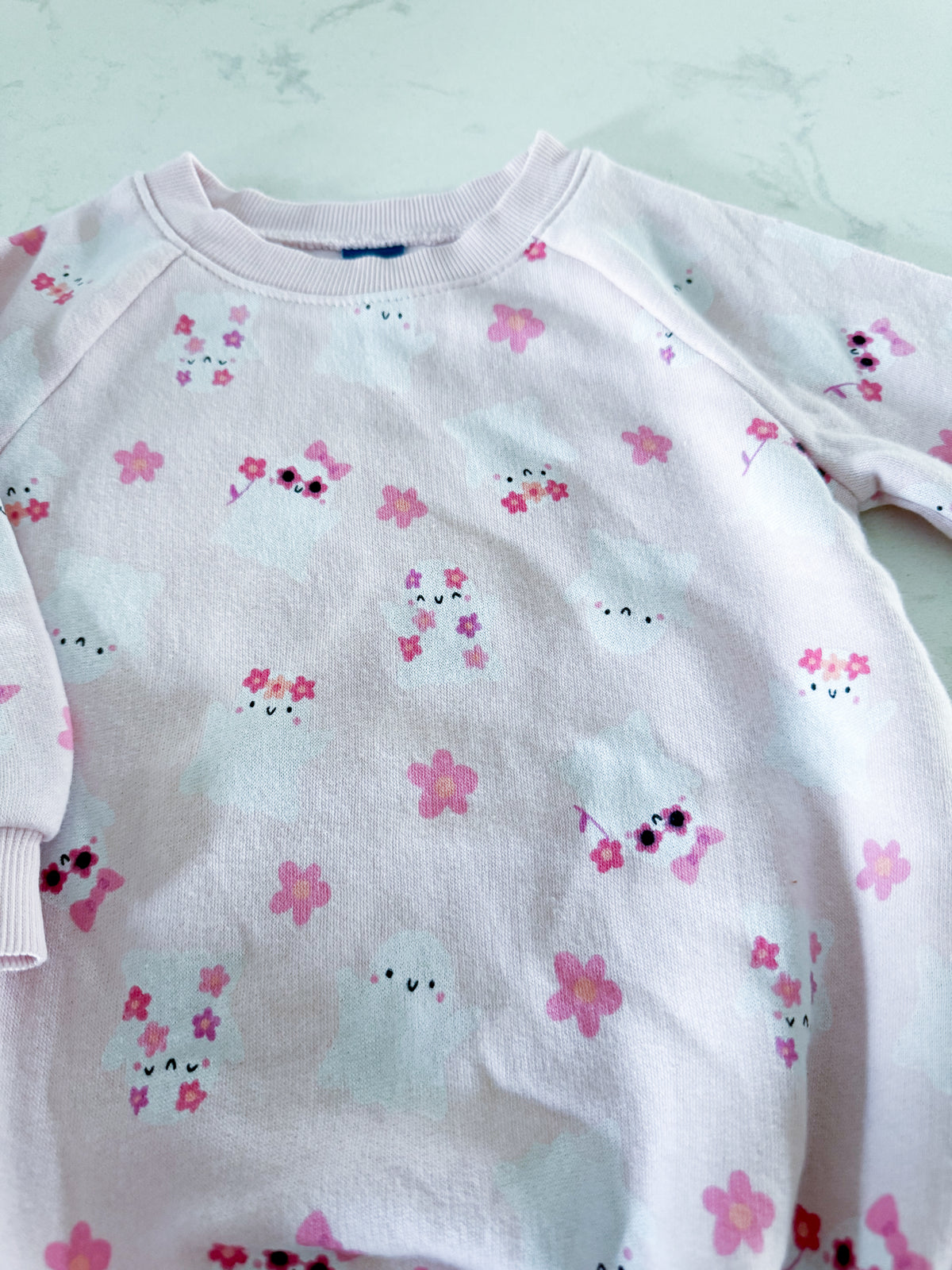 Old Navy- 12-18m- VGUC- light pink sweater romper with ghosts