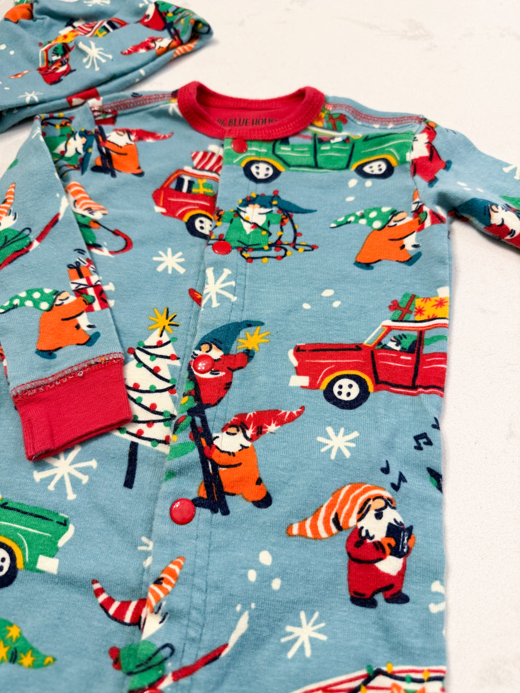Little Blue House- 12-18m- GUC- blue button up footless Christmas gnome pajamas with matching hat