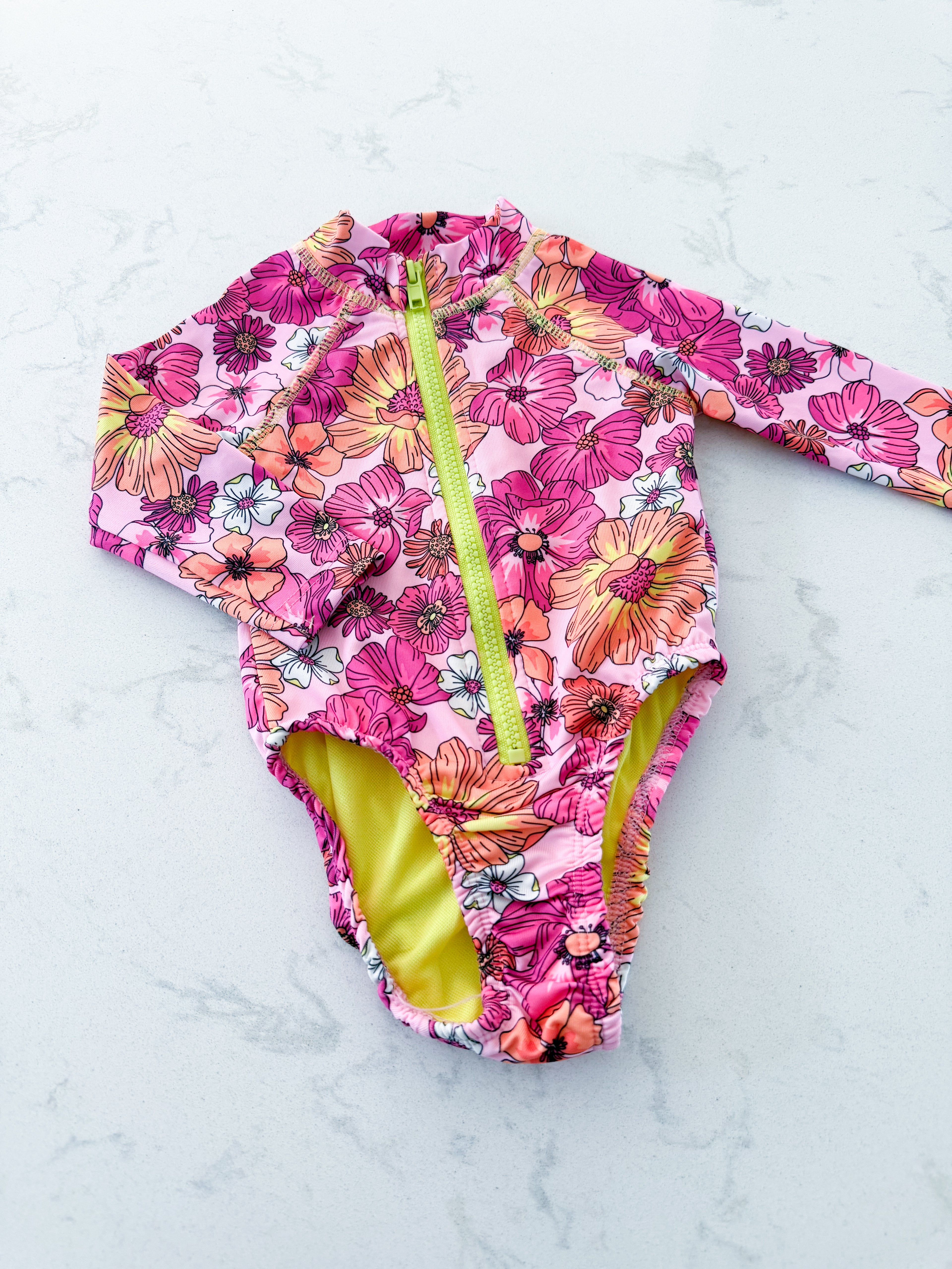 Penelope Mack- 12m- VGUC- bright pink yellow and orange long sleeve swim suit