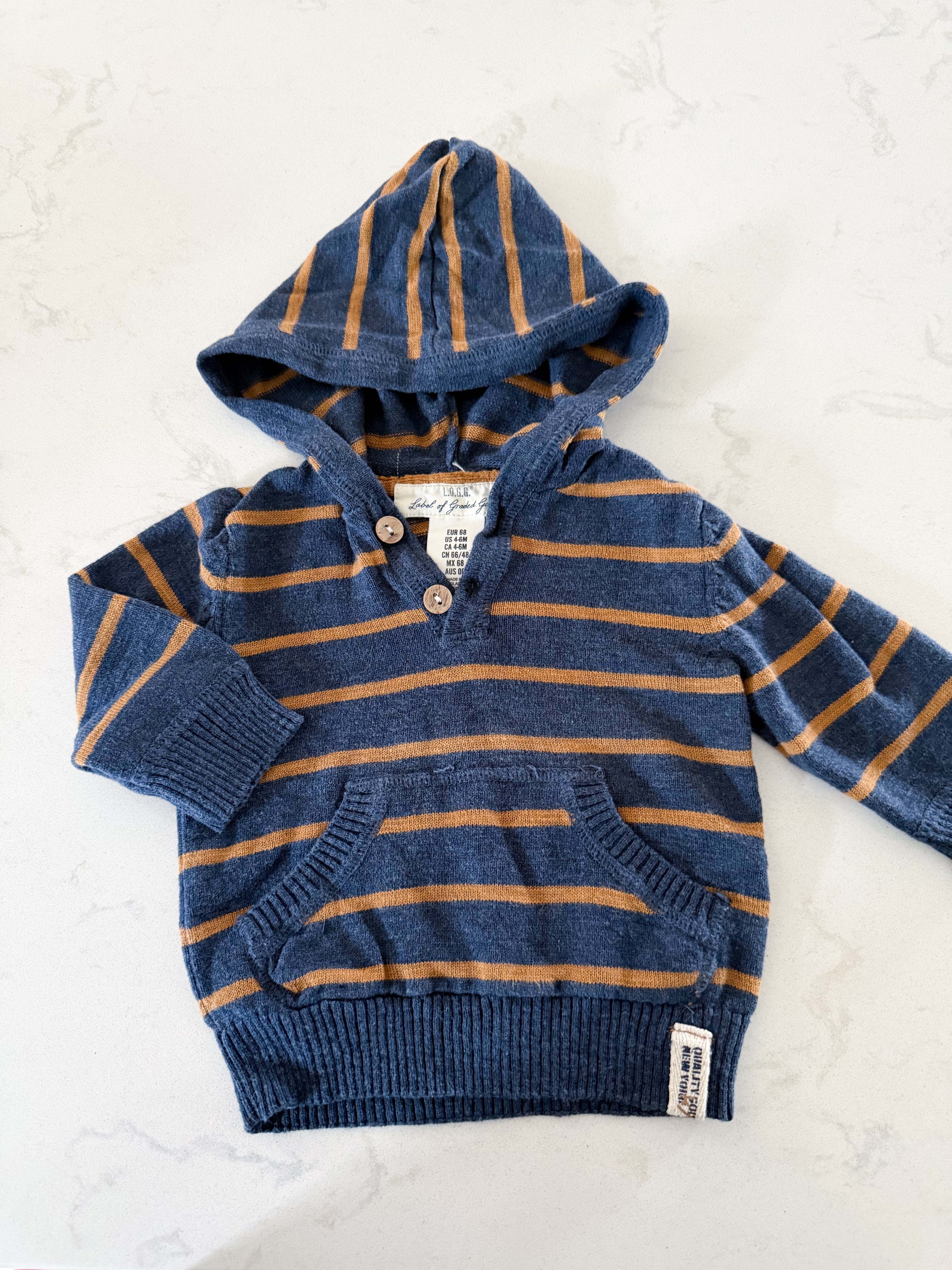 H&M- 4-6m- GUC- navy knit hooded shirt with brown stripes