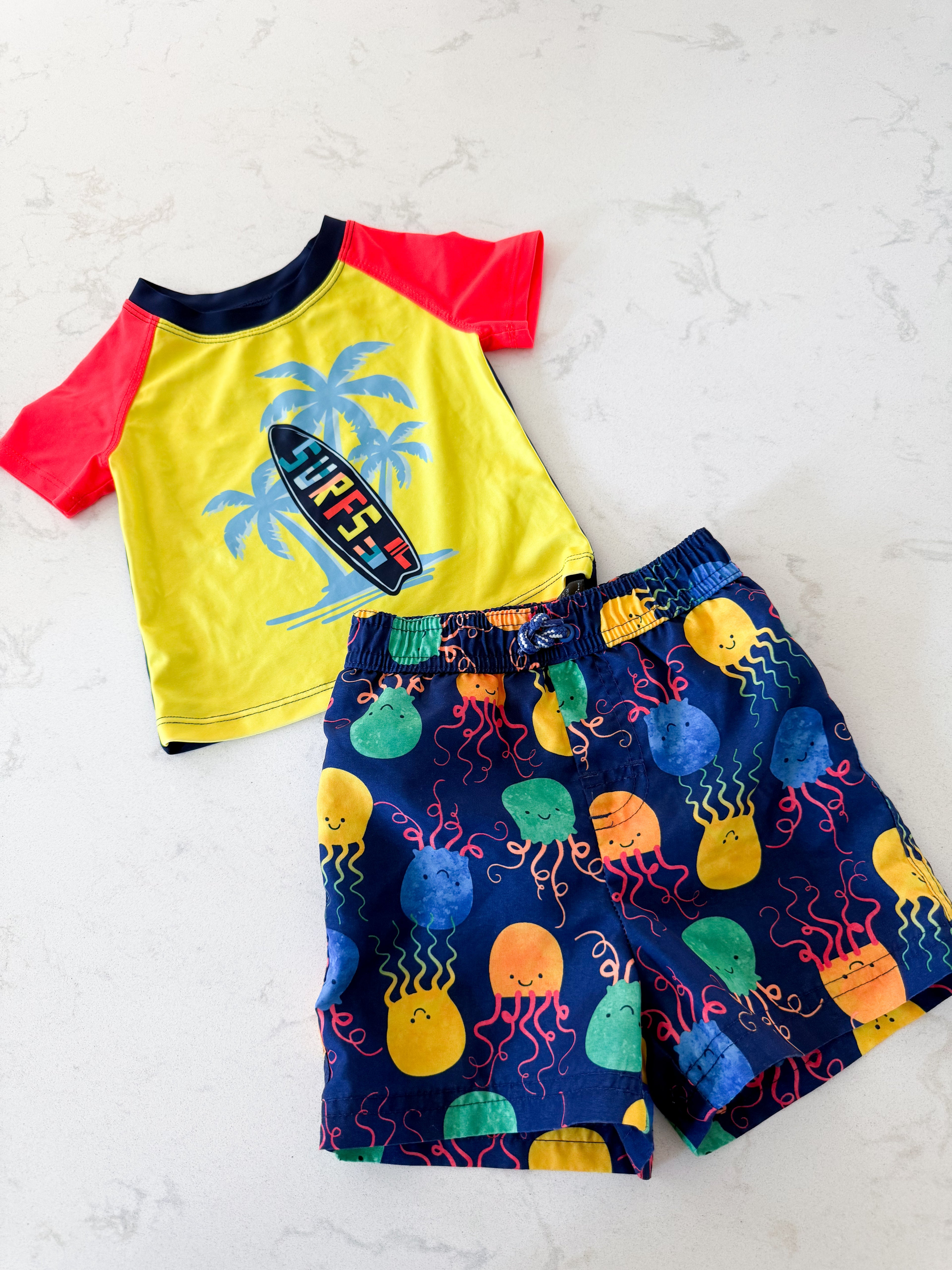 George- 12-18m- VGUC- bright neon rashguard and swim trunk set with jellyfish