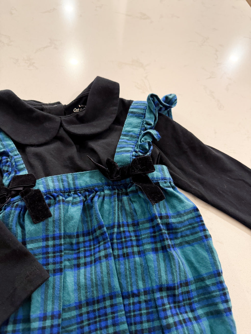 Cat and Jack- 18m- VGUC- green plaid bubble romper with black bodysuit