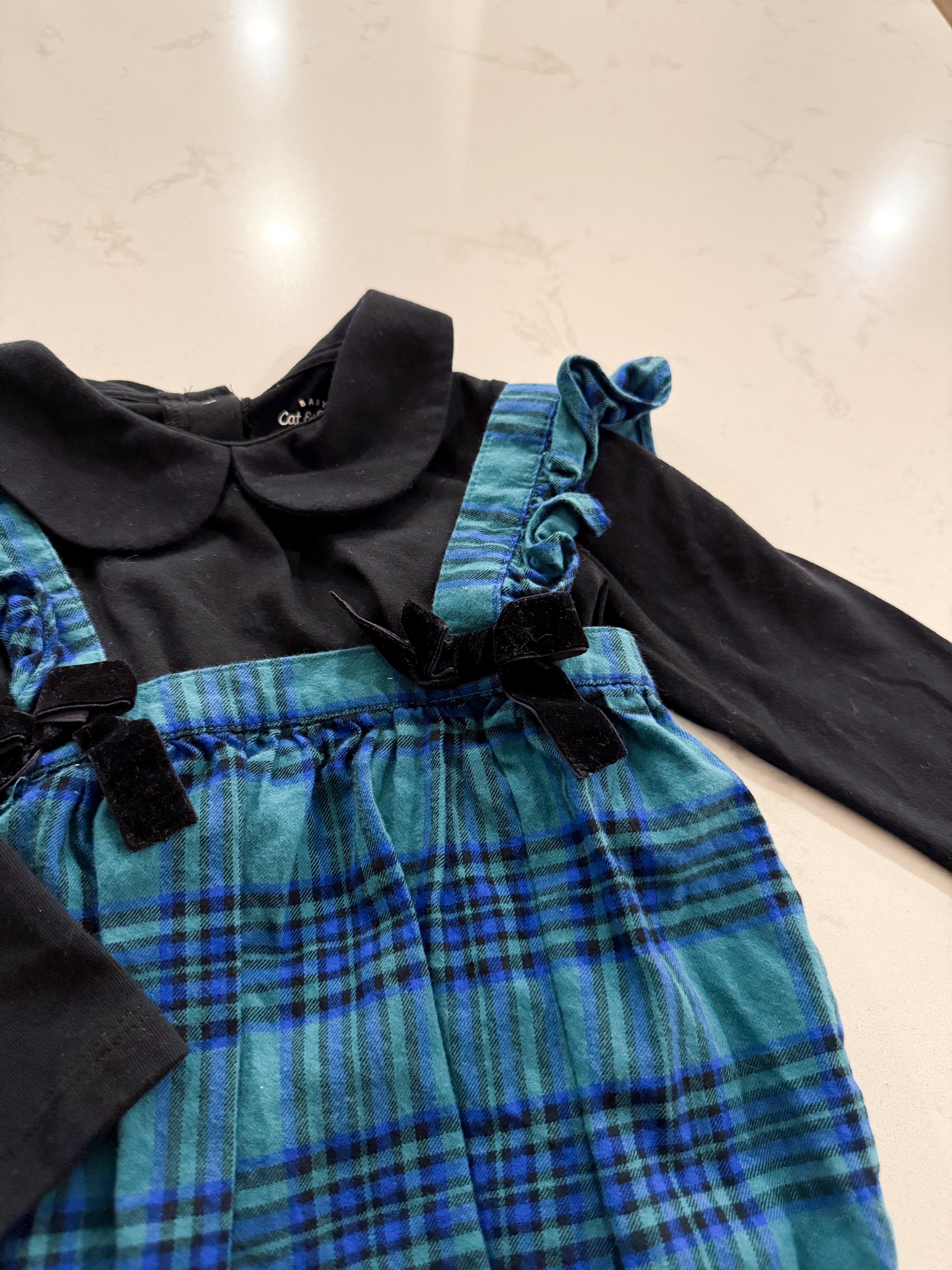 Cat and Jack- 18m- VGUC- green plaid bubble romper with black bodysuit