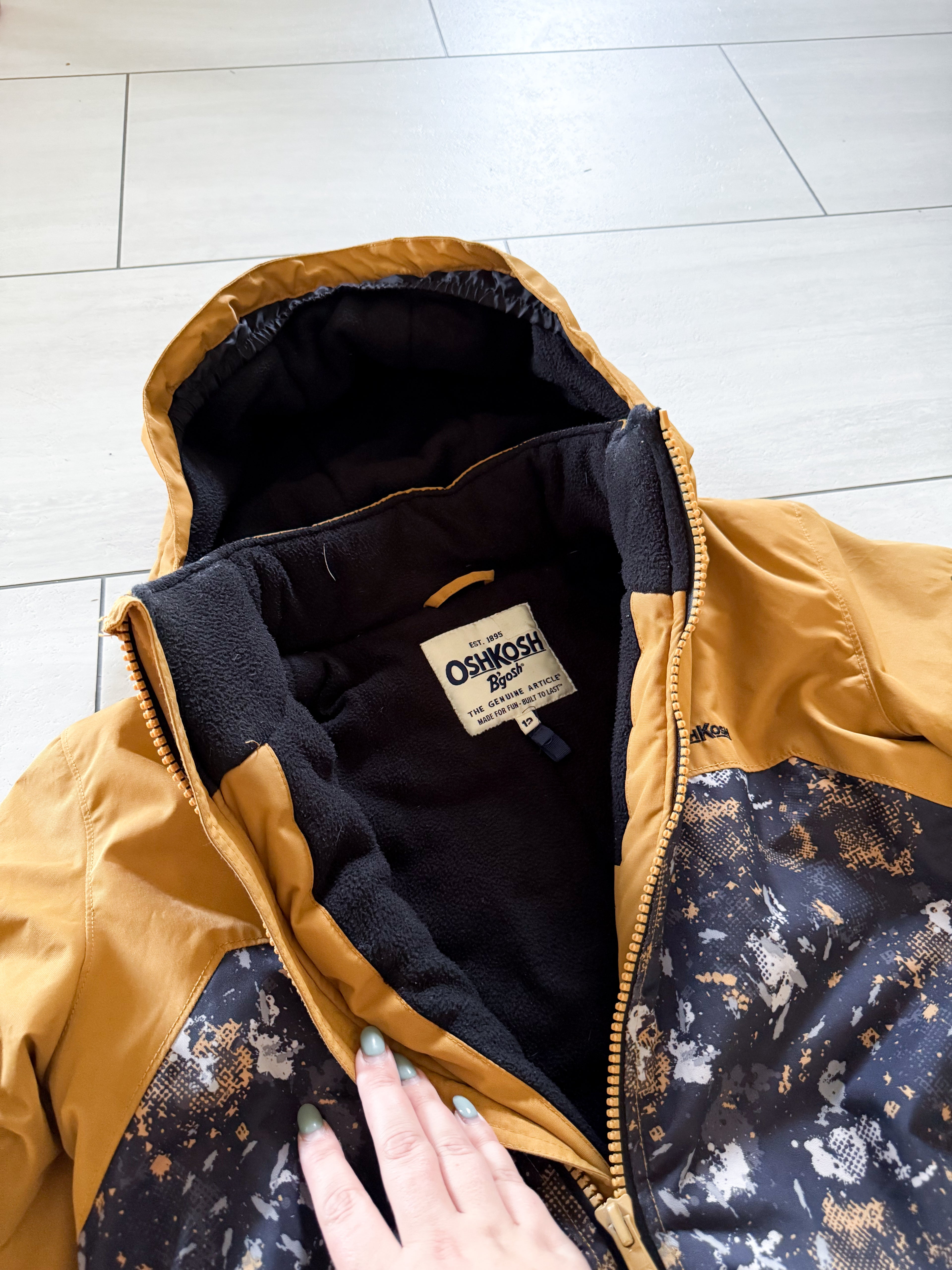 Oshkosh- 12Y- GUC- goldish Brown and grey two piece snowsuit