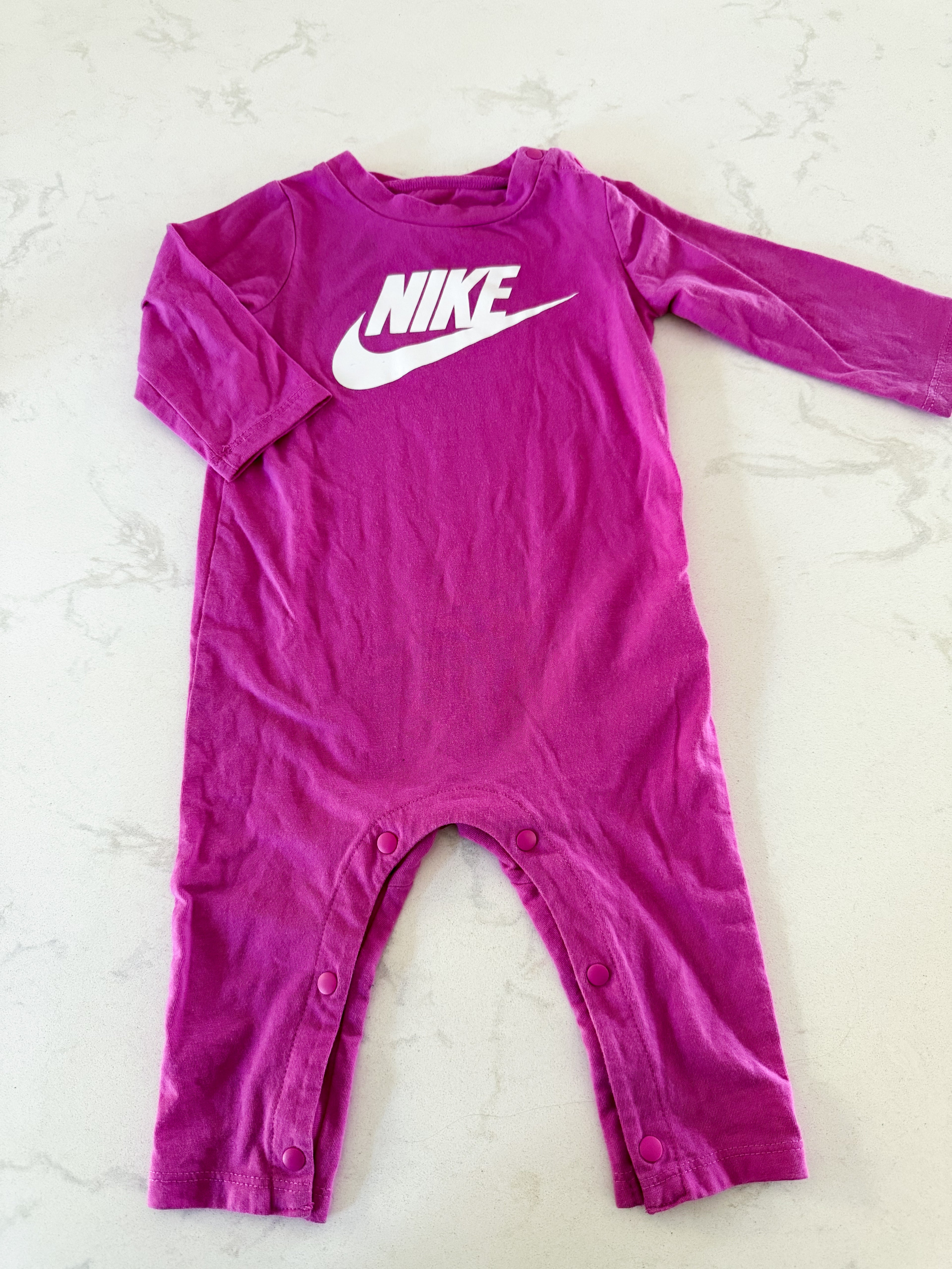 Nike- 6m- GUC- thin pink romper with white Nike logo