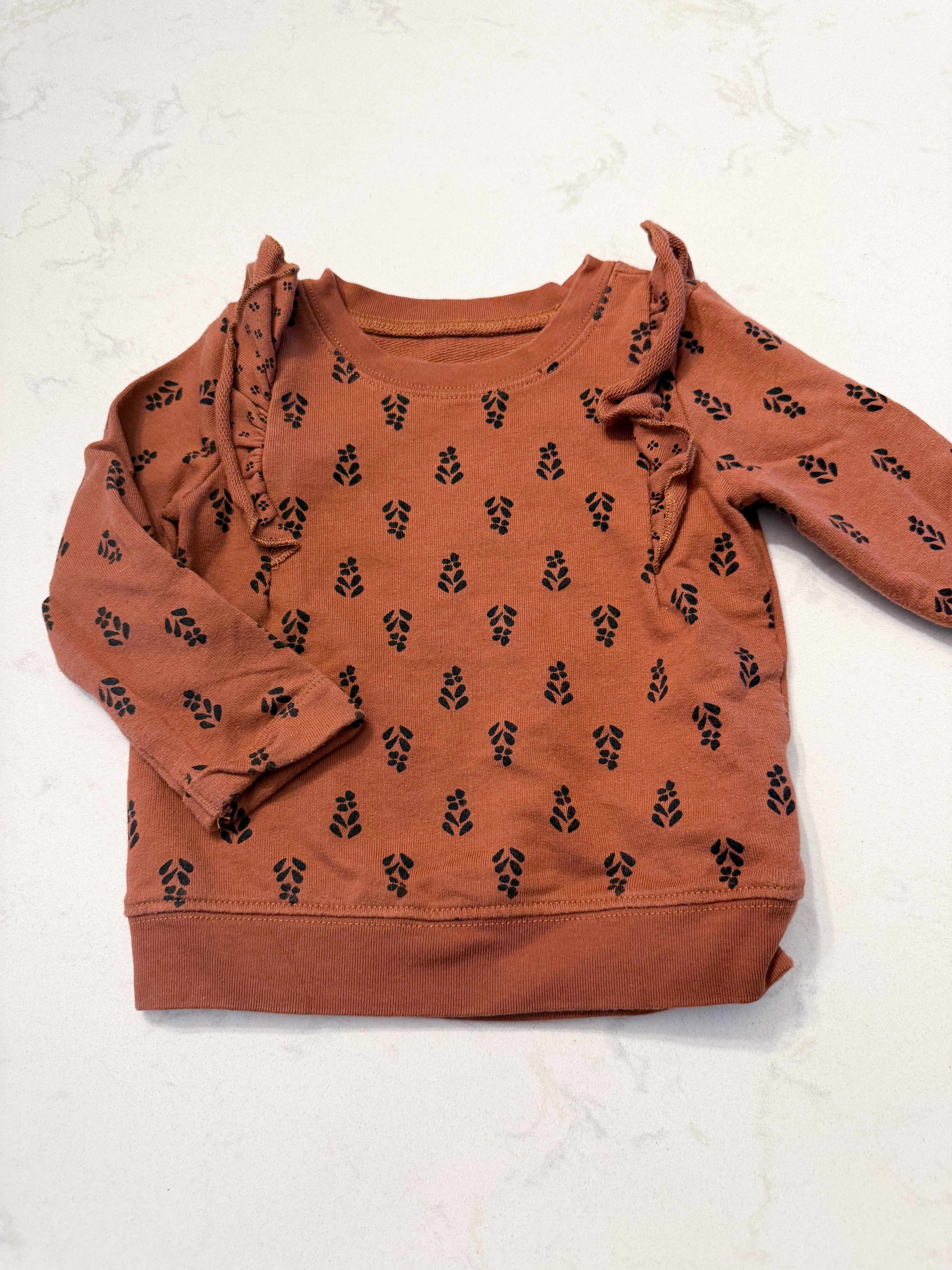 Carter’s- 12m- VGUC- brown ruffle crewneck with black pattern