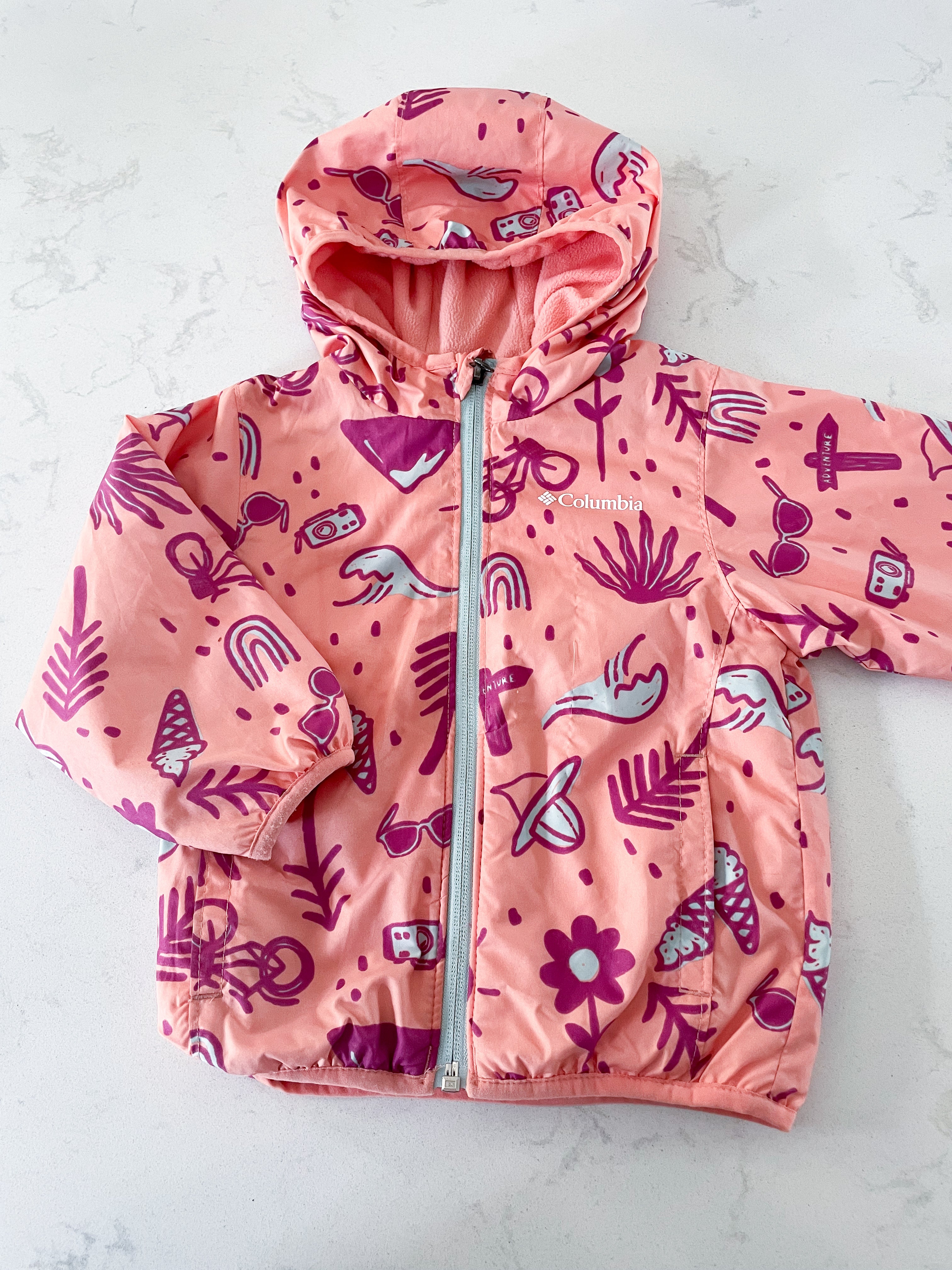 Columbia-2T-PLAY-light orange and pink zip up fleece lined jacket