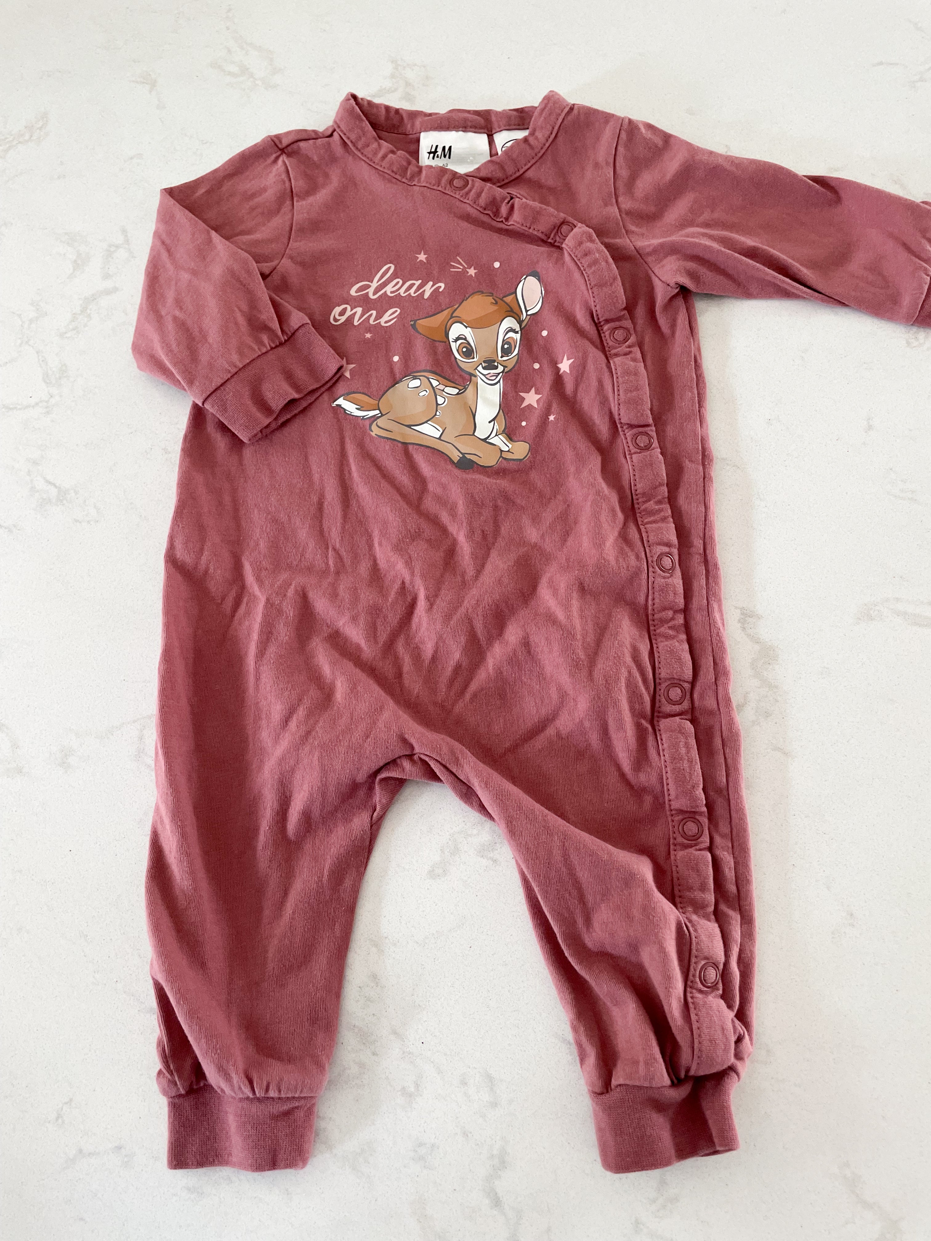 H&M- 2-4m- dark dusty rose snap footless romper Bambi