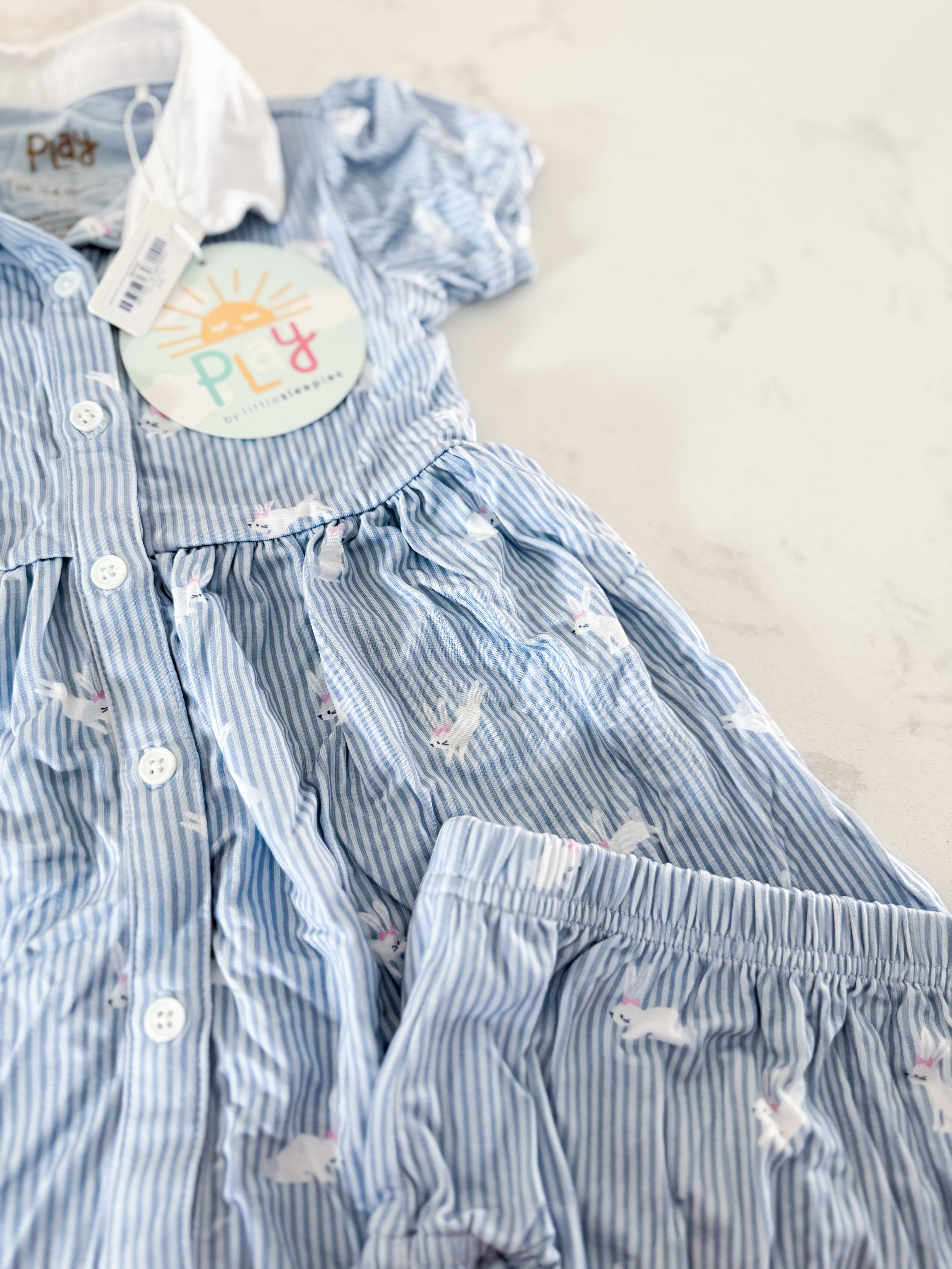Little Sleepies (play collection)- 18-24m- BNWT- bamboo stripes and bunnies button up dress with bummies