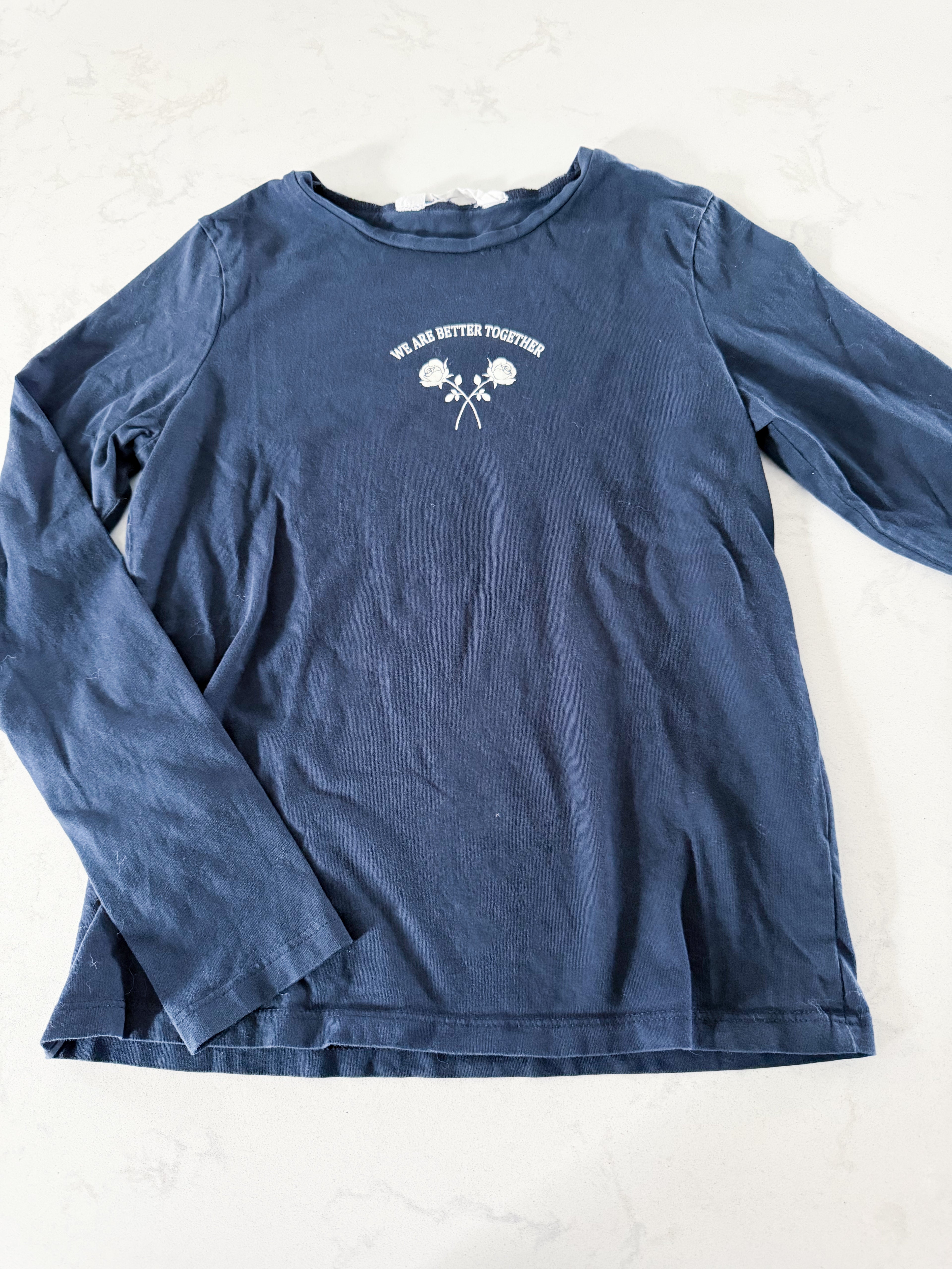 H&M- 8-10Y- VGUC- navy blue long sleeve shirt with “we are better together.”