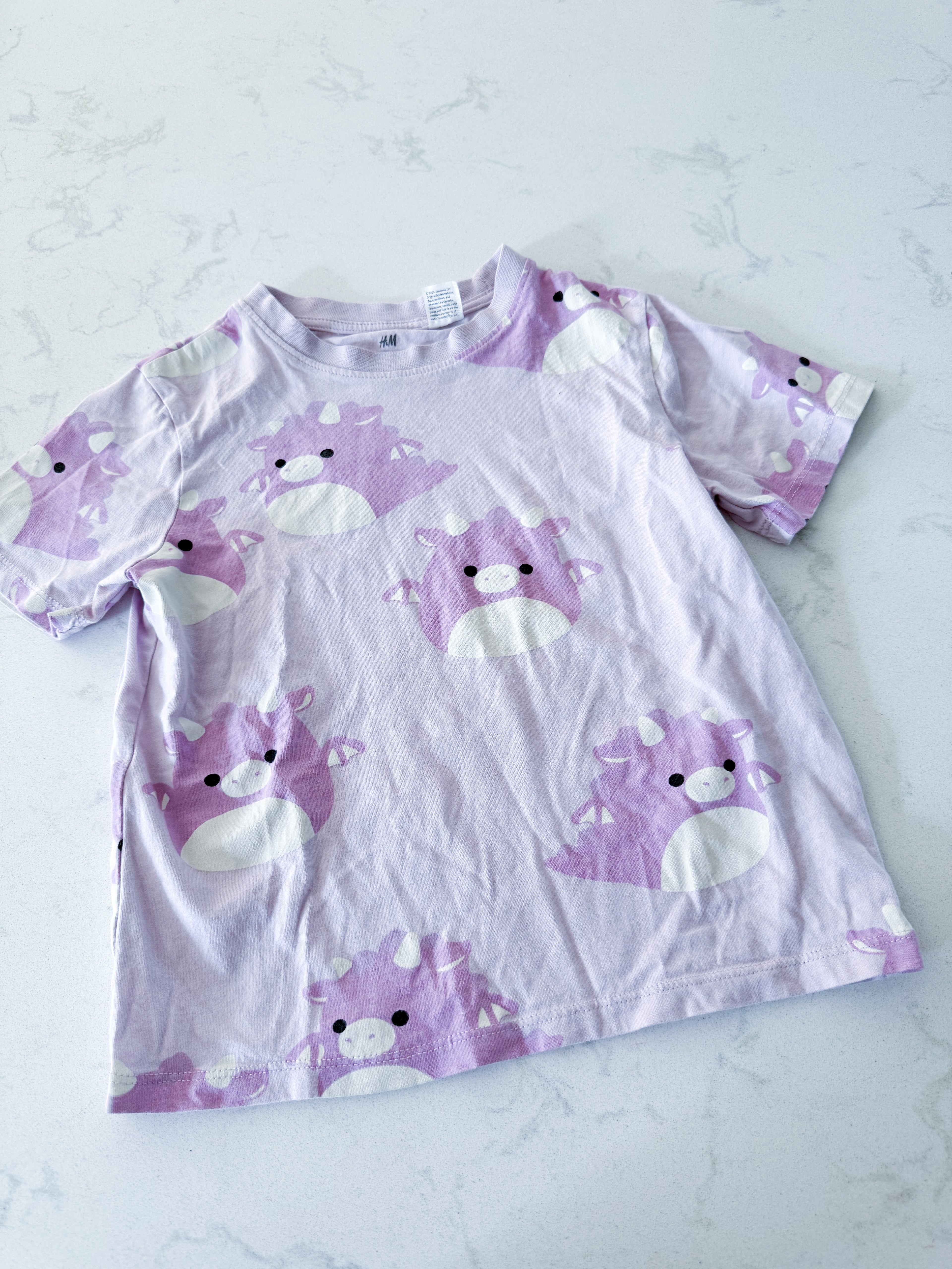 H&M- 5T/6Y- VGUC- purple t shirt with squishmallows