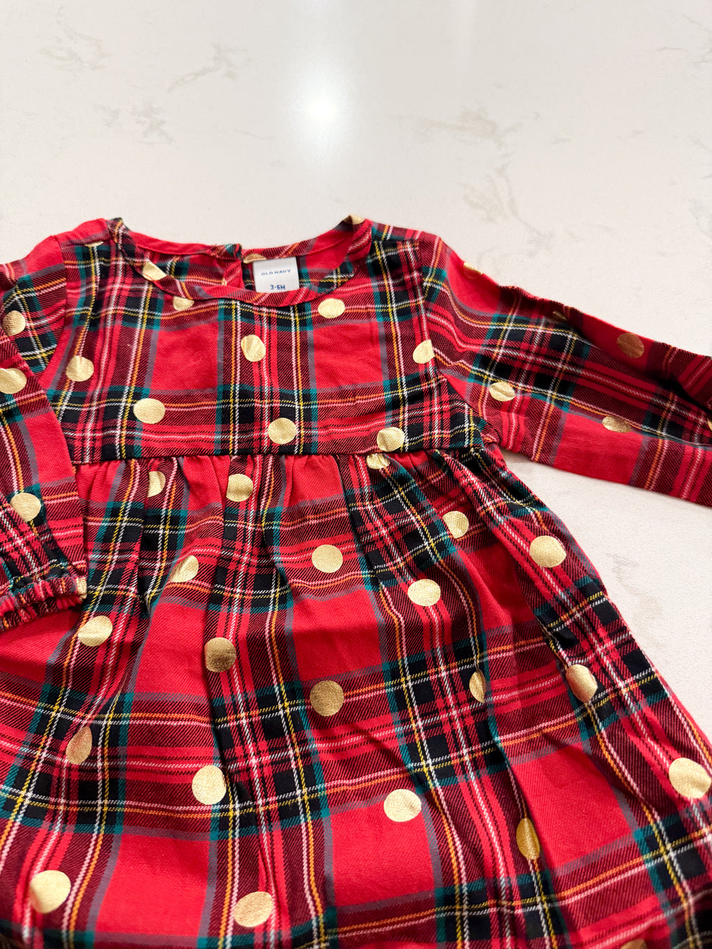Old Navy- 3-6m- VGUC- long sleeve red plaid dress with gold metallic polka dots