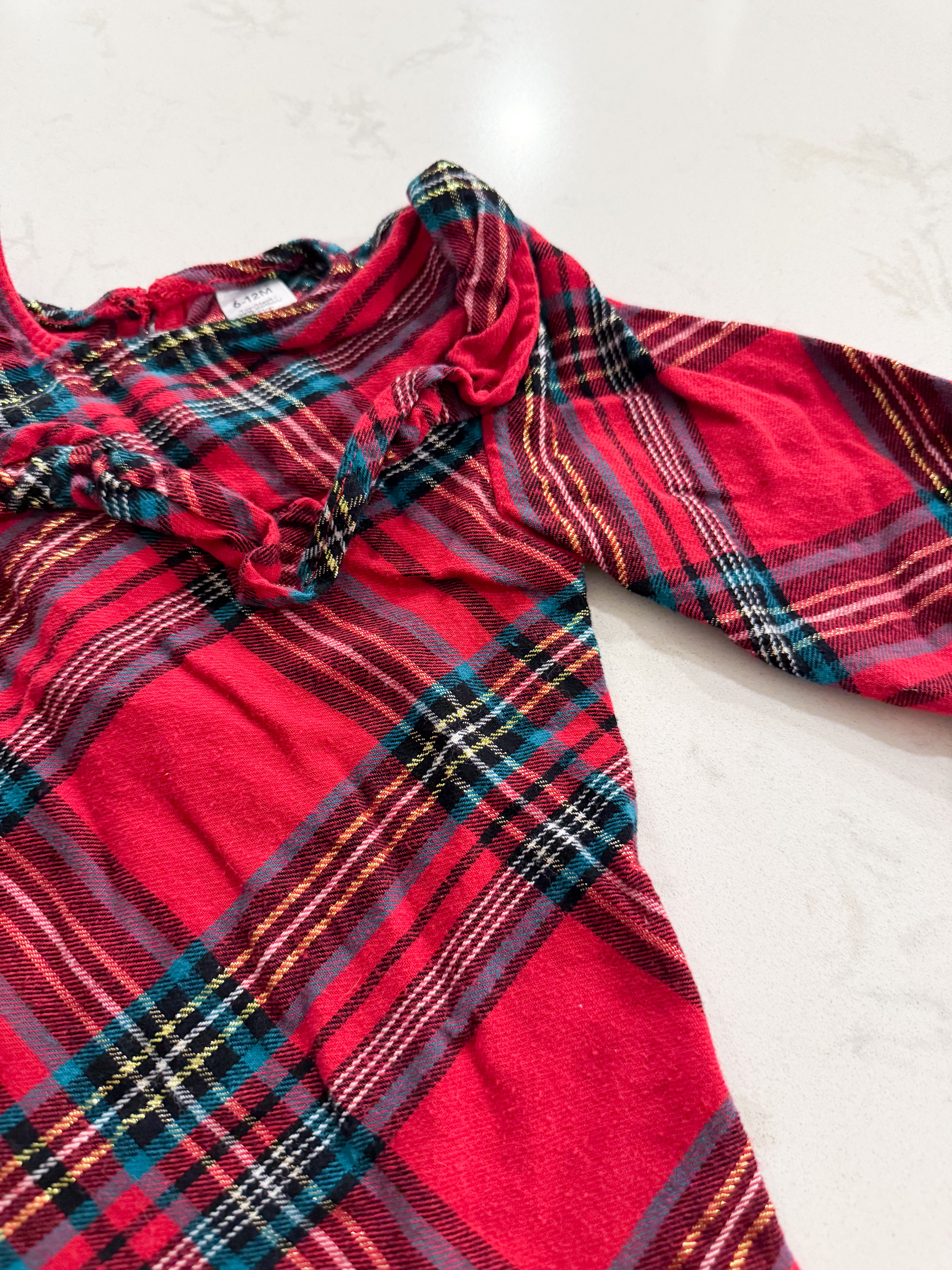 George- 6-12m- GUC- red plaid shirt with gold accents