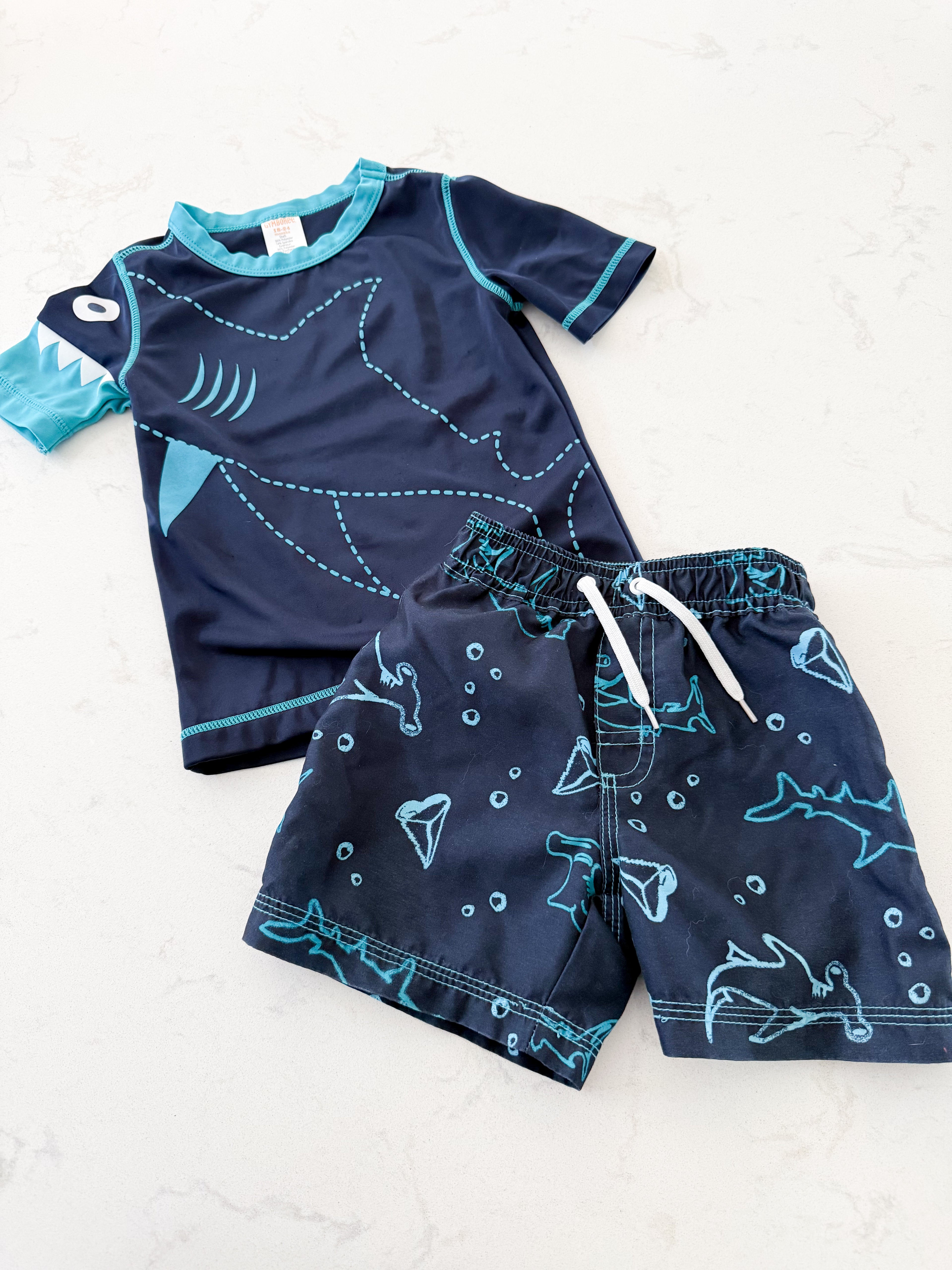 Gymboree- 18-24m- VGUC- navy blue shark two piece swim set with trunks and rashguard