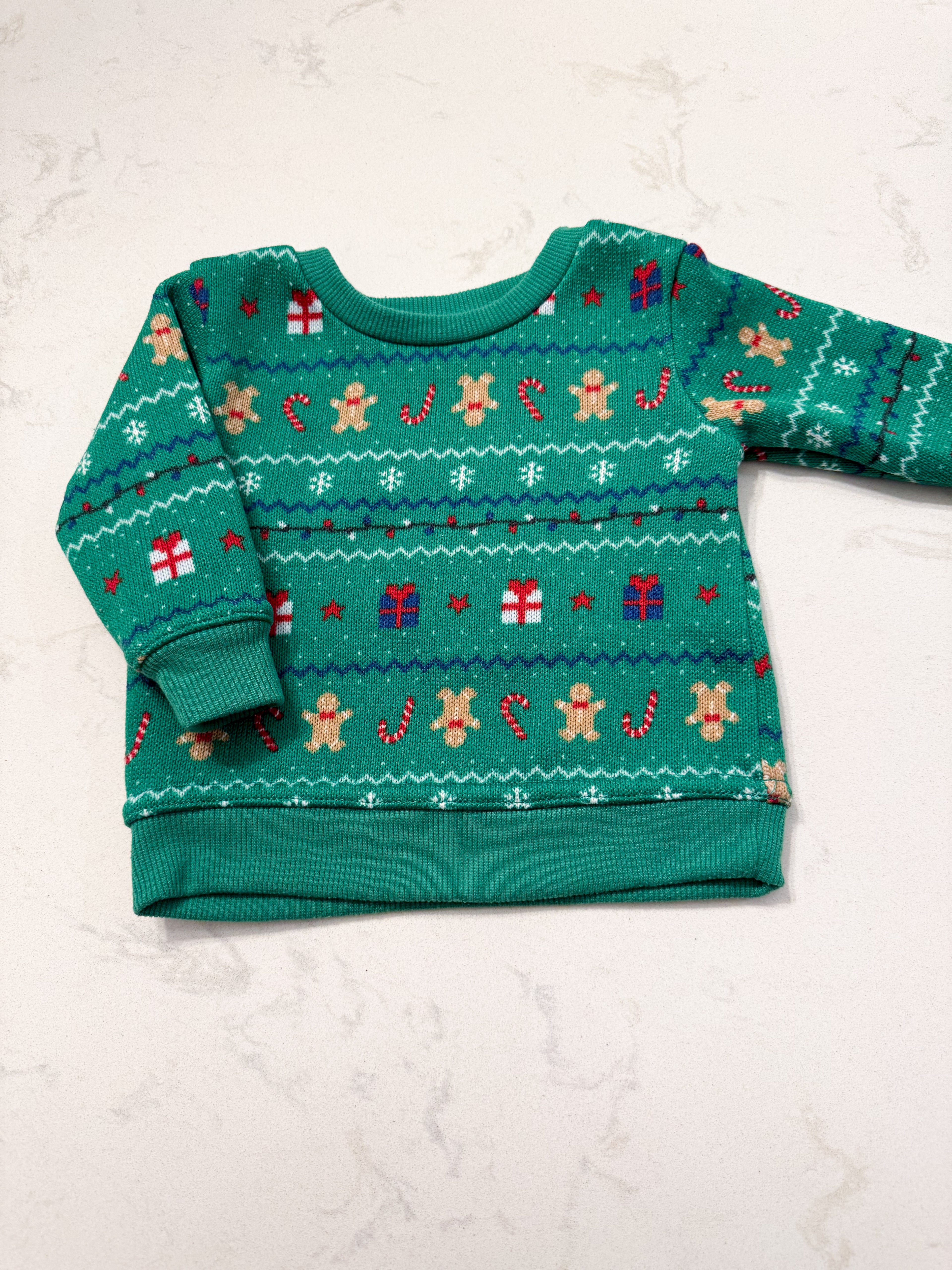 George- 3-6m- VGUC- green knit sweater with Christmas graphics